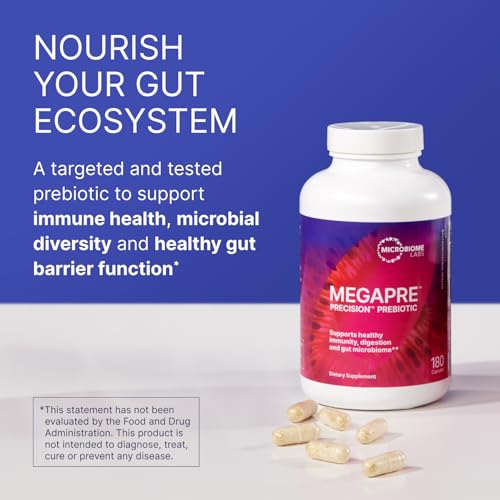 Microbiome Labs MegaPre Prebiotic Fiber Supplement in Vegetable Capsules - Prebiotic Supplement with Clinically Tested Oligosaccharides - Support Microbial Diversity & Gut Health (180 Capsules)