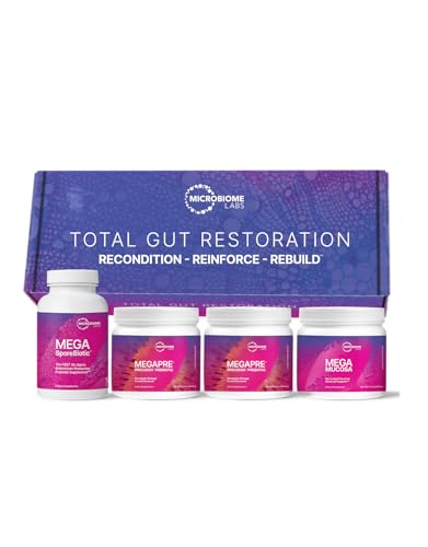 Microbiome Labs Total Gut Restoration Kit (Powder) - 3-Product Gut Health Spore Based Probiotic, Prebiotic Powder & Mucosal Immunoglobulin + Amino Acids Supplement for Immune, GI & Digestive Health