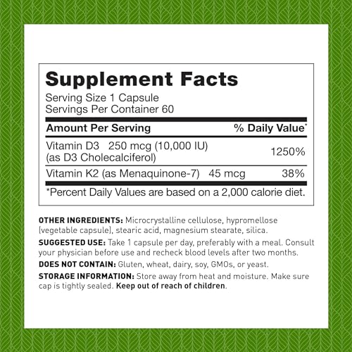 Amy Myers MD Vitamin D3 K2 10000 IU - Vitamin K2 MK-7 45 Mcg - Supports Immune Function, Energy Levels & Positive Mood - for Calcium Absorption, Bone & Heart Health - Non-GMO 60 Caps - 2 Month Supply