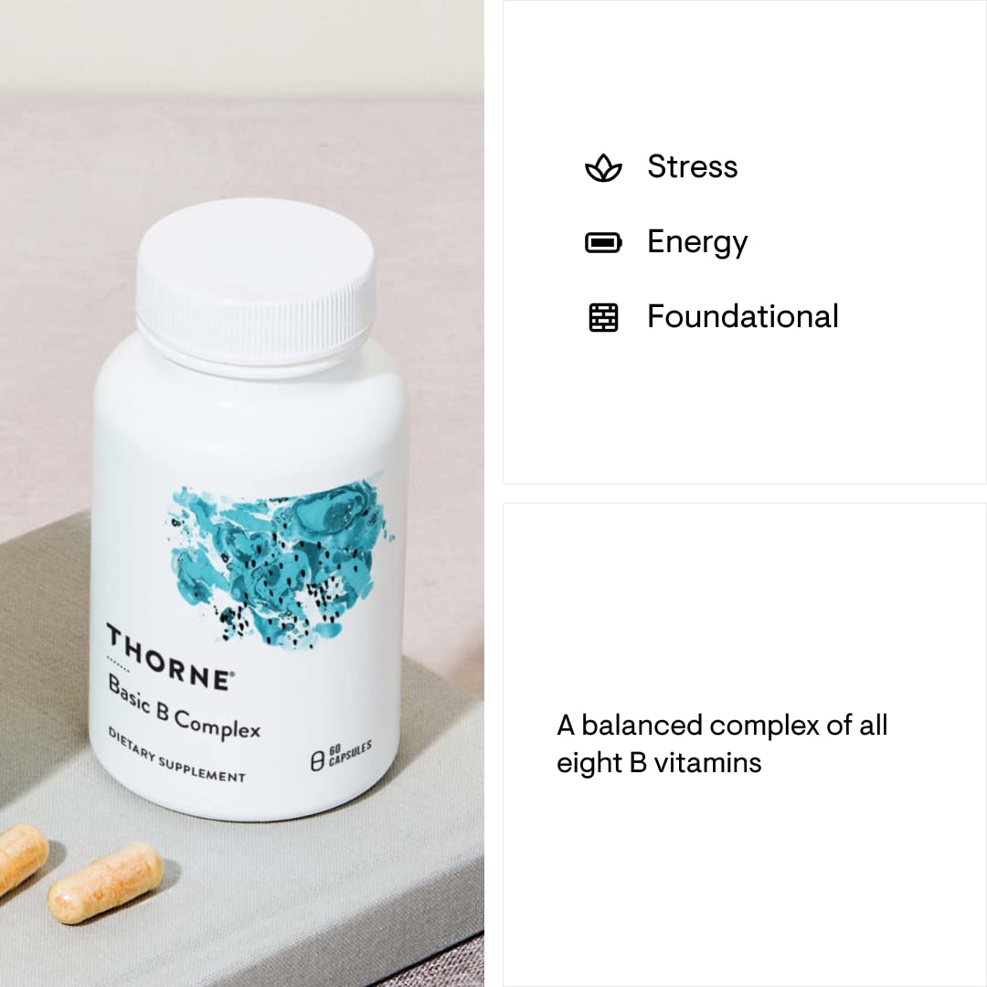 THORNE Basic B-Complex - Tissue-Ready Vitamin B Complex Supplement with Choline - Supports Cellular Energy Production, Brain Health & Red Blood Cell Formation* - Gluten-Free, Dairy-Free - 60 Capsules