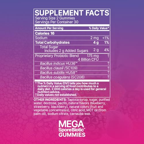 Microbiome Labs Spore Based Probiotic Gummies for Women, Men & Children - MegaSporeBiotic Gummies - 4 Bacillus Probiotics for Digestive Health & Microbiome Support - Berry Flavor (60 Gummies)