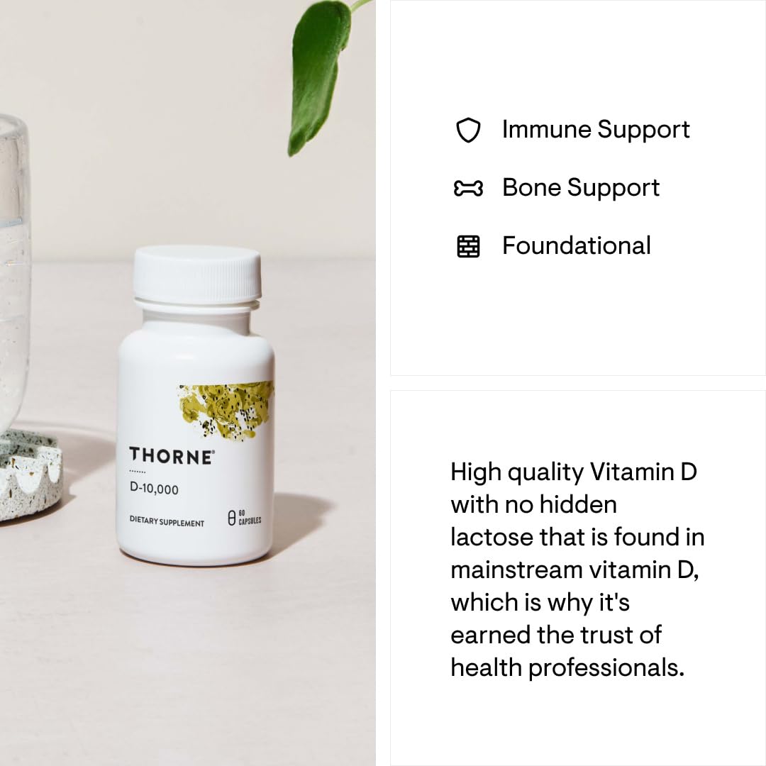 THORNE Vitamin D3 Supplement - Supports Healthy Bones, Teeth Muscles, Cardiovascular & Immune Function* - Gluten, Dairy & Soy-Free - 10,000 IU - 60 Capsules