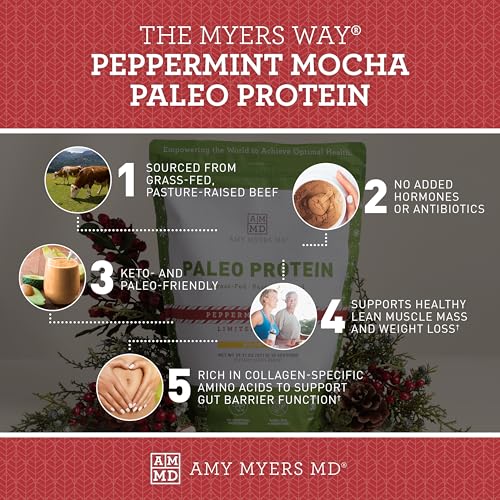 Amy Myers MD Pure Paleo Protein Powder - Clean Grass Fed Pasture Raised Protein - Hormone Free, Non-GMO, Gluten & Dairy Free - Perfect for Keto and Paleo - 29.31 Oz - Peppermint Mocha