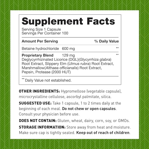 Amy Myers Gut Restore Betaine HCL with Pepsin - Supports Calcium, Iron & Other Mineral Absorption. Licorice, Slippery Elm & Marshmallow Root Extract, Helps Alleviate Food Sensitivities - 100 Capsules