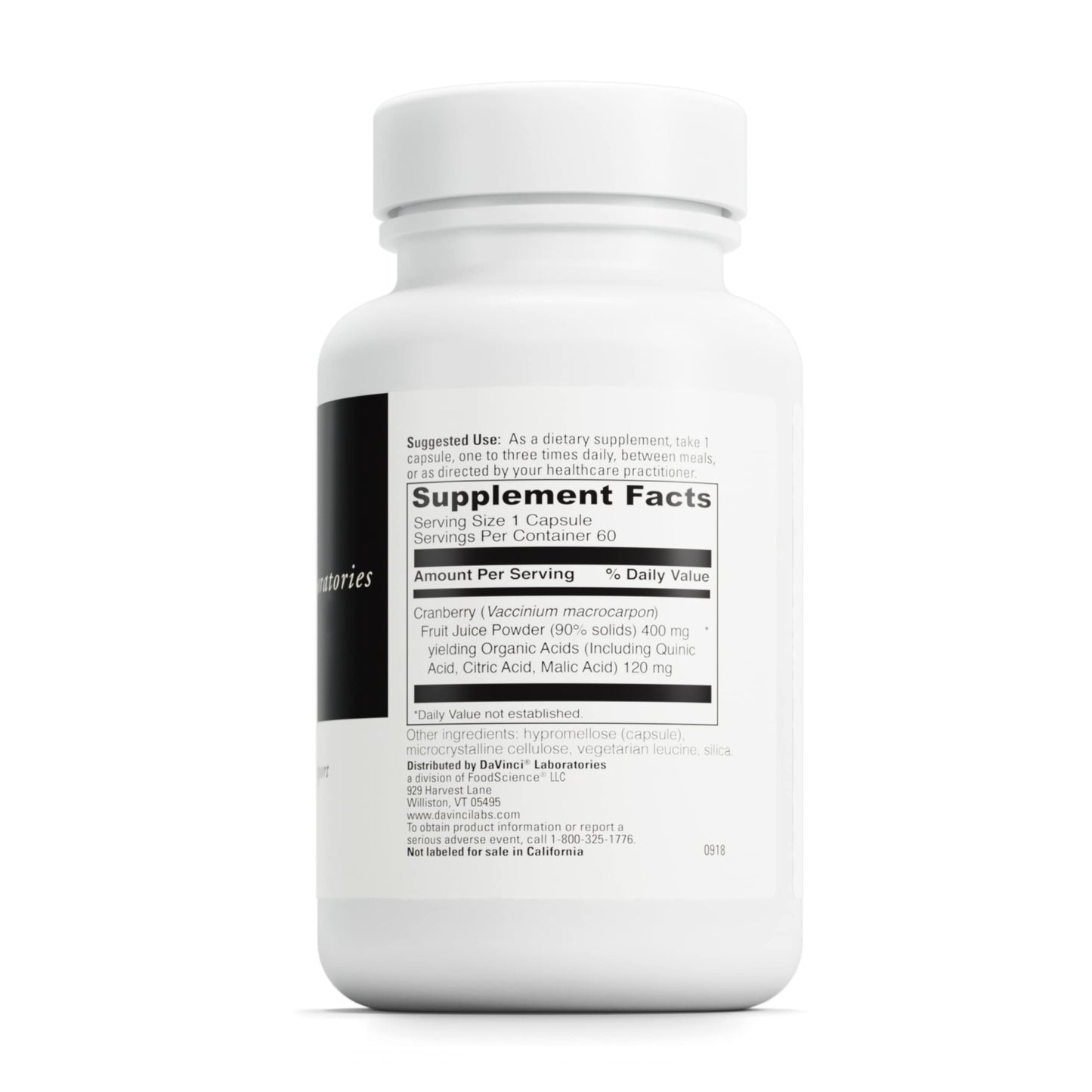 DAVINCI Labs Cranberry - Urinary Tract Health Support* - Cranberry Extract with Quinic, Citric & Malic Acid - Vegetarian, Gluten-Free - 60 Capsules