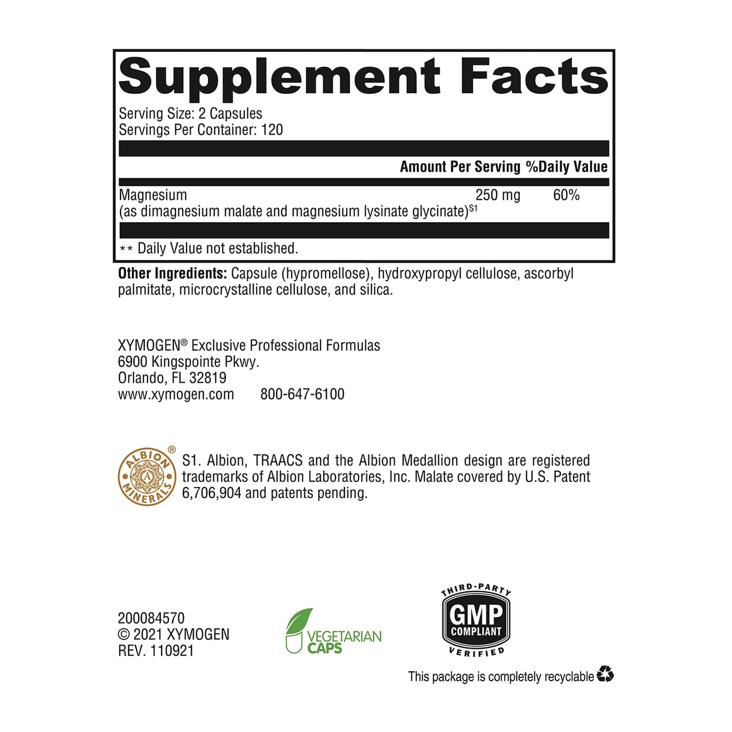 3X Xymogen Optimag 125-240 Vegetarian Capsules Dietary Supplements
