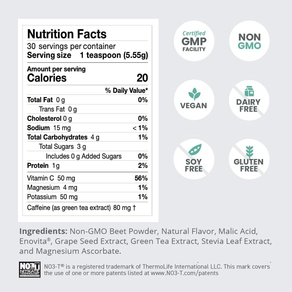 HumanN SuperBeets Energy Plus with Grape Seed Extract - Beet Root Powder, Green Tea Extract, Caffeine, Vitamin C - Non-GMO - 5.87oz