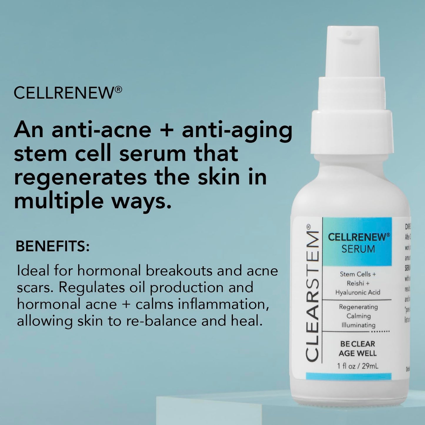 CLEARSTEM - CELLRENEW - Collagen Stem Cell Serum - Acne + Youthful Skin Face Serum - Hyaluronic Acid, Reishi, Aloe Vera - Facial Skin Care Products - Vegan, Gluten Free, Cruelty Free - 1 fl oz / 29ml