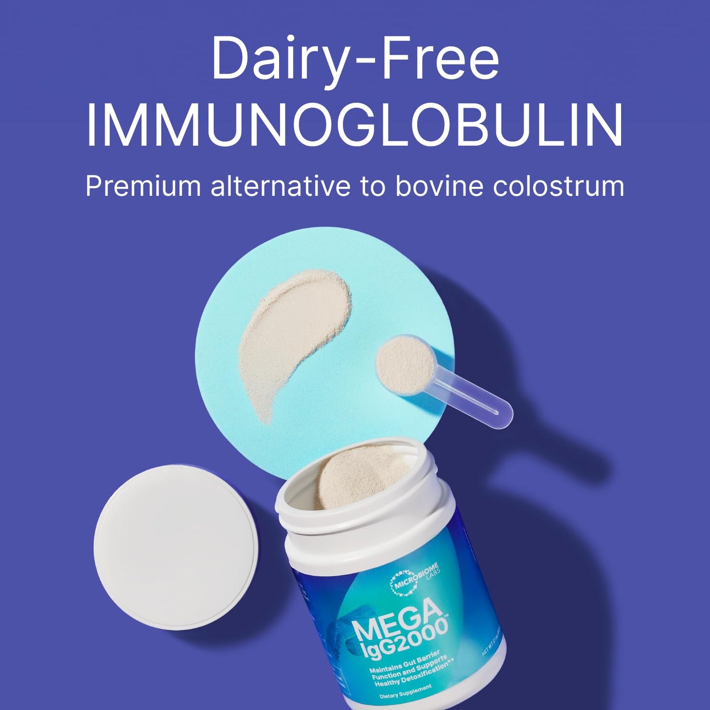 Microbiome Labs Mega IgG2000 Gut Health Powder for Women, Men & Kids 2+ - IgG Immunoglobulin Supplement for Digestive Health Support - Dairy-Free Bovine Colostrum Supplement Alternative (2.1 Ounces)