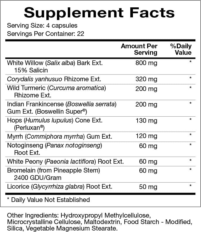 Natura Health Products Willow Relief Supplement - Enhances Muscle Relaxation - Featuring White Willow Bark, Turmeric, Boswellin Super Indian Frankincense, Corydalis Rhizome (90 Capsules)