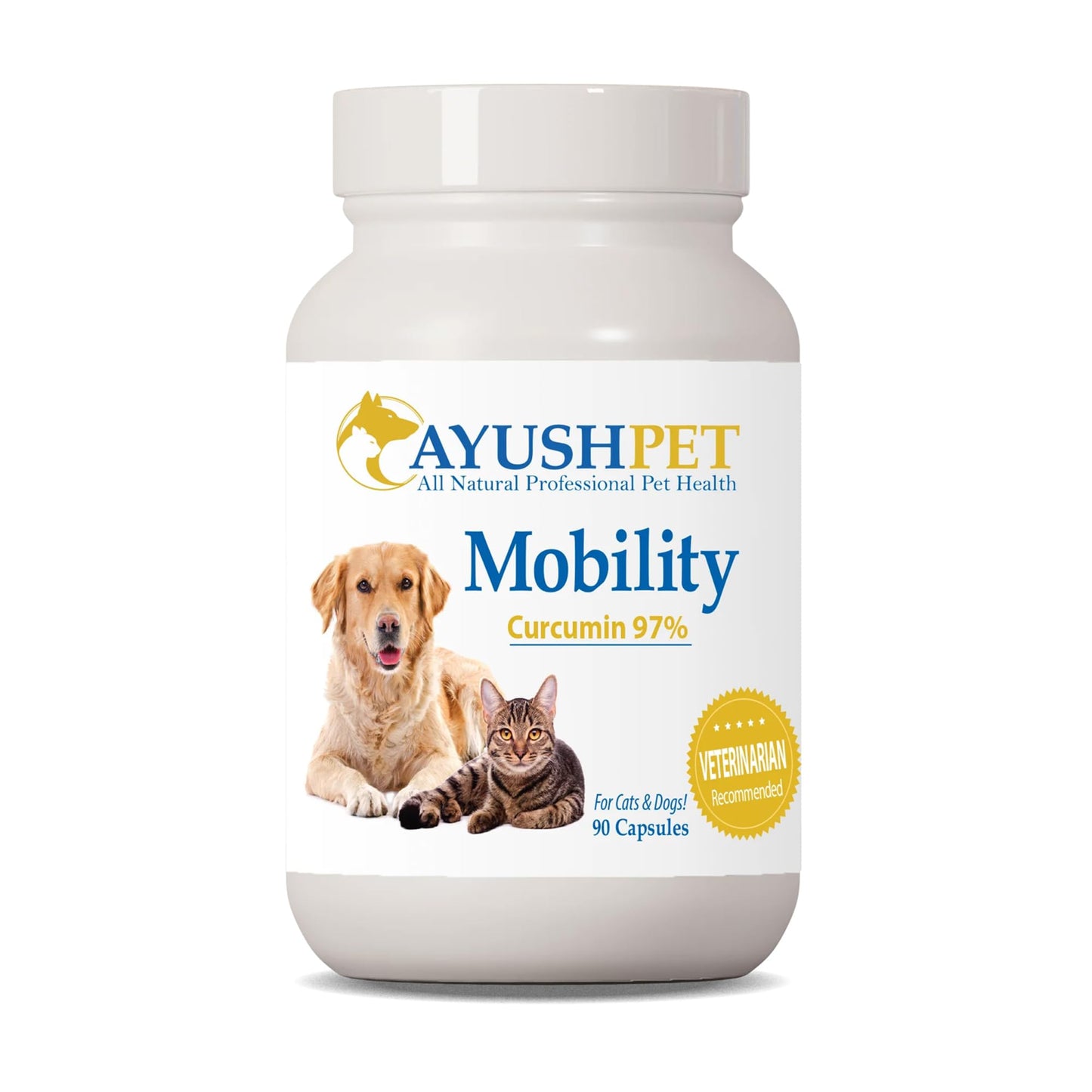 Ayush Pet Mobility, Curcumin Supplement for Healthy Joints, Pure and Powerful Joint, Digestion, and Brain Support, Large or Small Pets, 90 Capsules