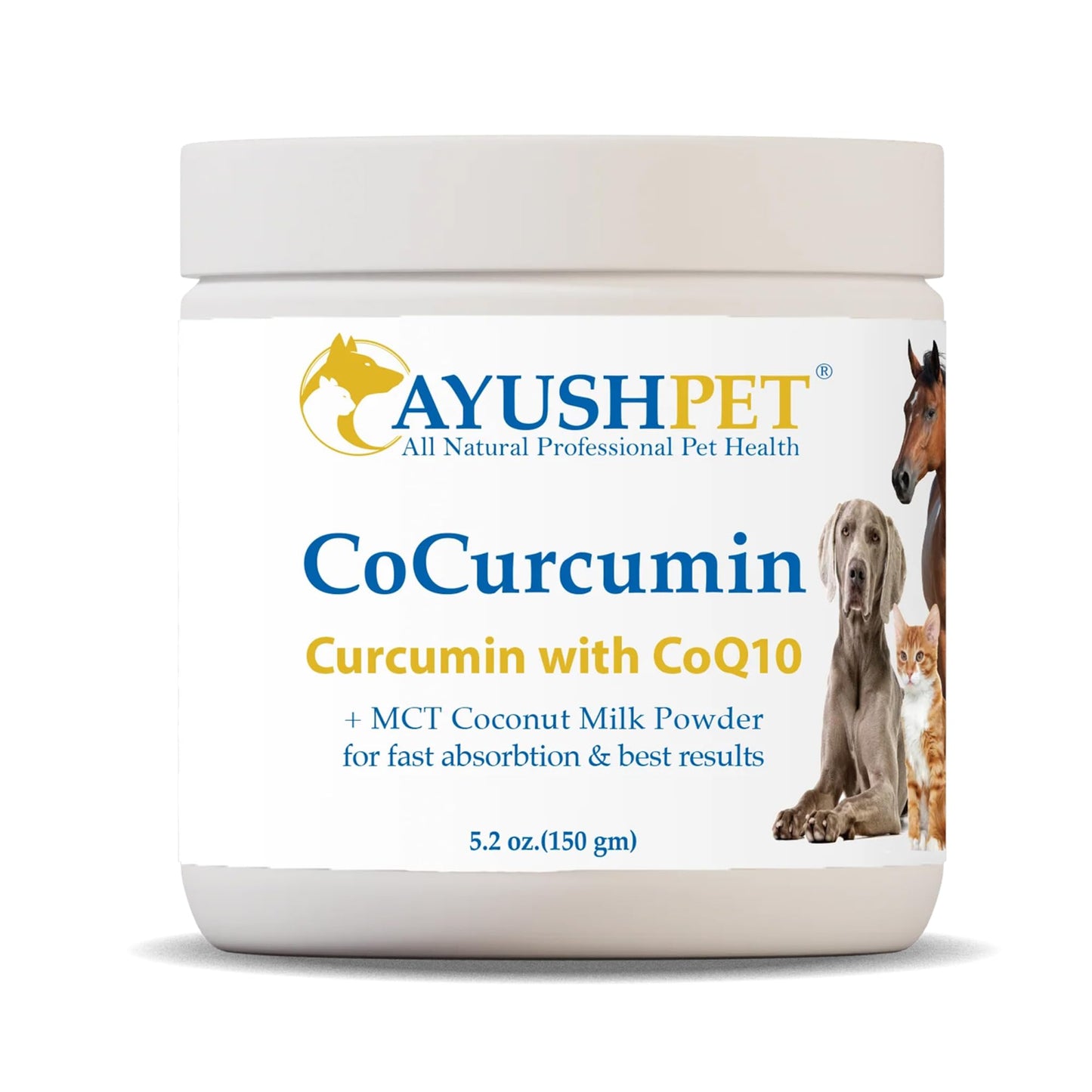 Ayush Herbs Ayush Pet CoCurcumin with Coq10, Muscle and Joint Pet Superfood Powder, Heart and Digestion Support, Small or Large Animals, Young and Senior Pet Supplement, 5.2 Ounces