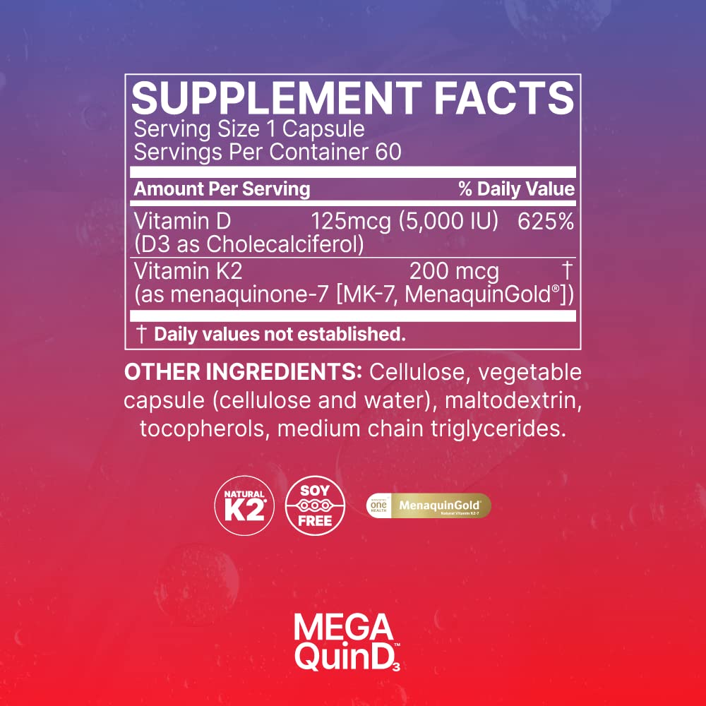 Microbiome Labs MegaQuin D3 - High Potency Vitamin D3 K2 Supplement - Bioactive & Bioavailable - Vitamin D3 5000 iu & MK-7 - Support Bone, Heart, Nerve & Immune Health (60 Capsules)