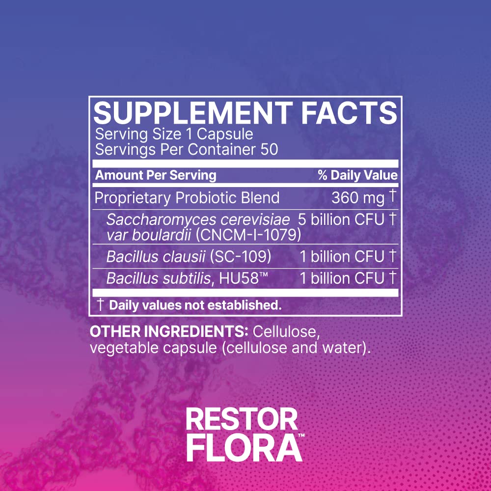 Microbiome Labs Restorflora Probiotics for Digestive Health - Gut Health Supplements with Dual Action Probiotics for Women, Men & Kids 5+ - Support Bowel Regularity & Immune Function (50 Capsules)