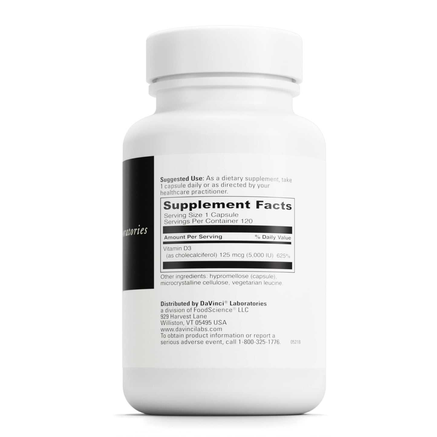 DAVINCI Labs Vitamin D3 5000 IU - Dietary Supplement to Support Healthy Teeth and Bones, Cardiovascular Function, and Immune Health* - with 5000 IU per Serving - Gluten-Free - 120 Capsules