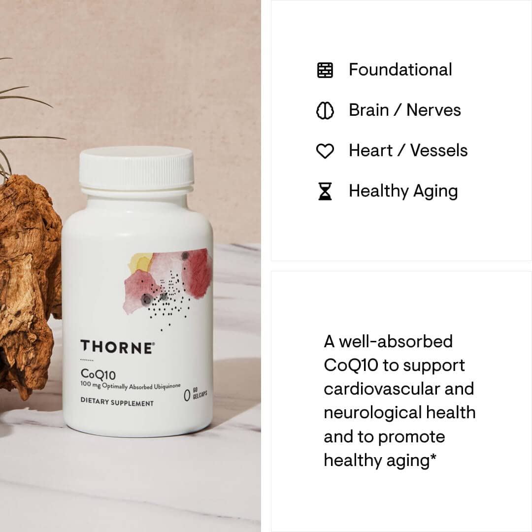 THORNE CoQ10 (Formerly Q-Best 100) - 100mg Optimally Absorbed Ubiquinone - Gluten-Free Dietary Supplement Support for Heart Health & Brain Function* - 60 Gelcaps