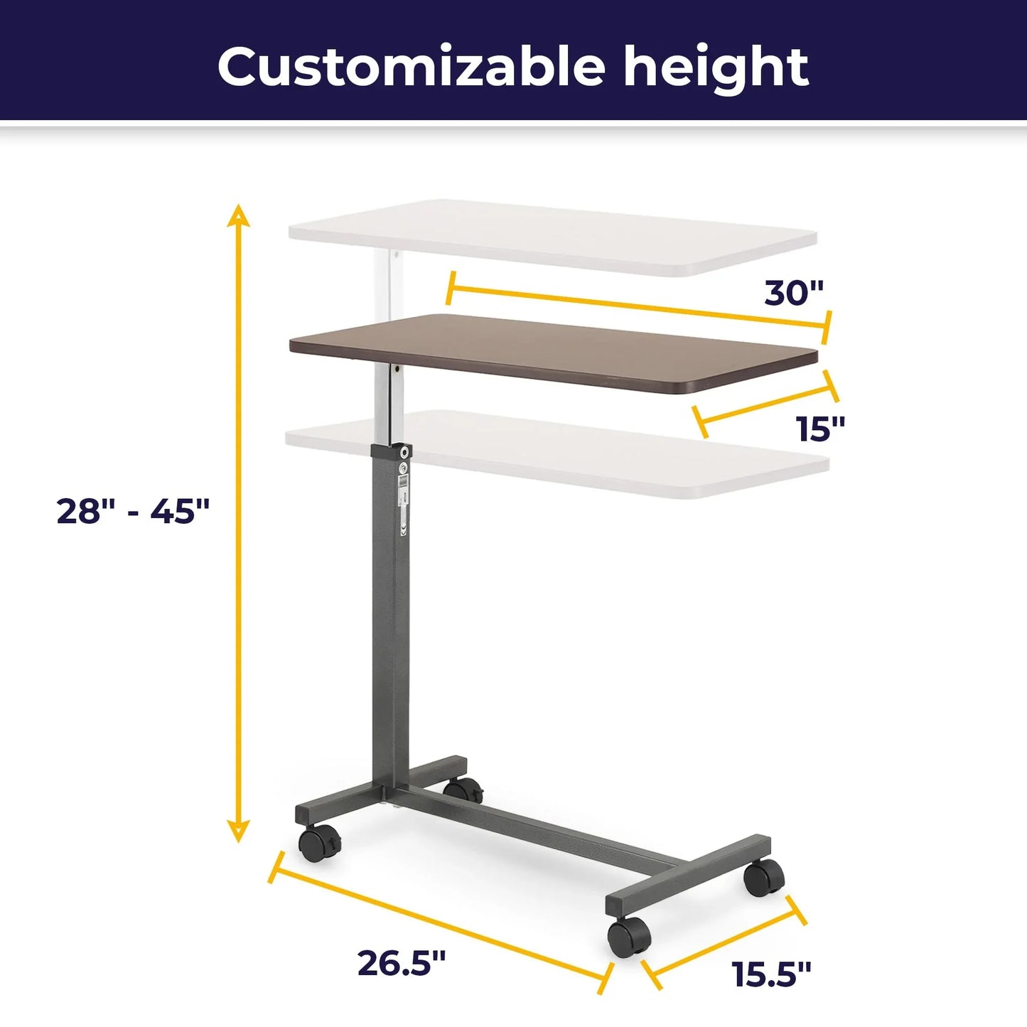 Drive Medical 13067 Non Tilt Top Overbed Table with Wheels and Secure Height Adjustment,Tray Table for Hospital or Home Use, Bedside Rolling Overbed Table, Silver Vein