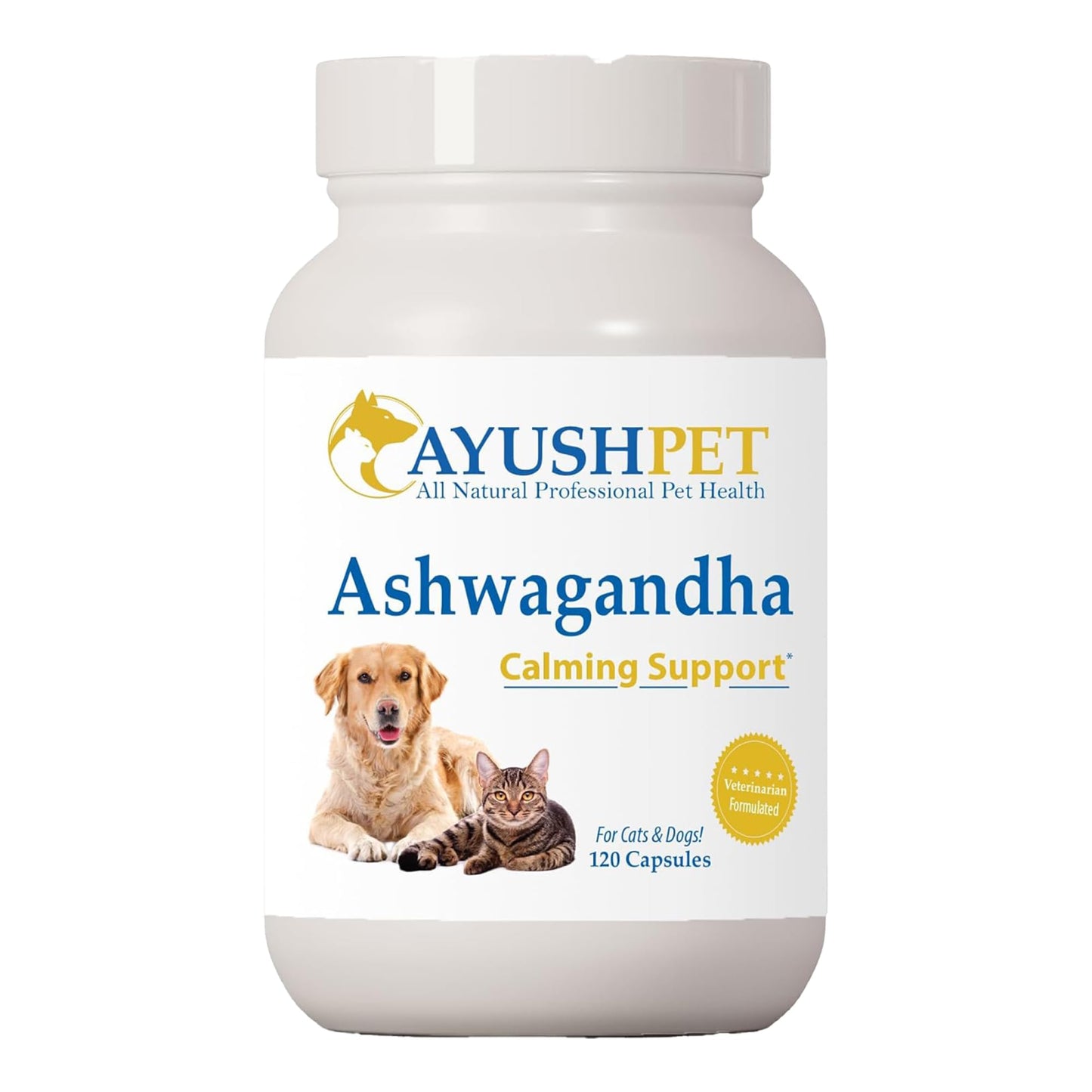Ayush Pet Stress Support, Ashwagandha Calming Aid for Pets, Promotes Energy and Vitality, 120 Capsules