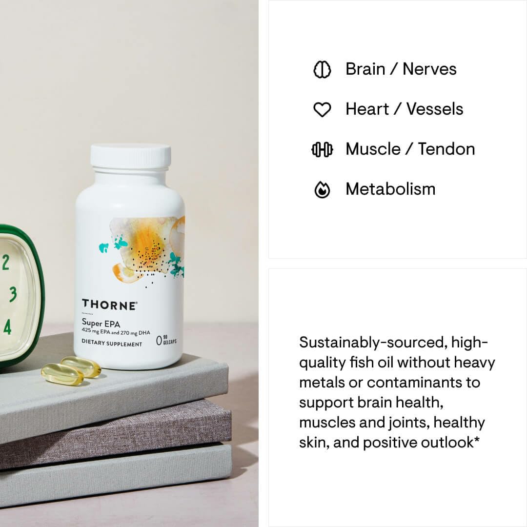 THORNE Super EPA - Omega-3 Fatty Acids EPA 425mg & DHA 270mg Supplement - Support Brain, Cardiovascular, Joints & Skin* - Gluten, Dairy & Soy-Free - 90 Gelcaps