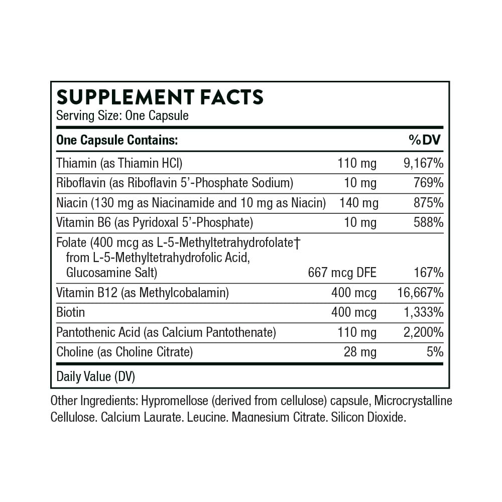 THORNE Basic B-Complex - Tissue-Ready Vitamin B Complex Supplement with Choline - Supports Cellular Energy Production, Brain Health & Red Blood Cell Formation* - Gluten-Free, Dairy-Free - 60 Capsules