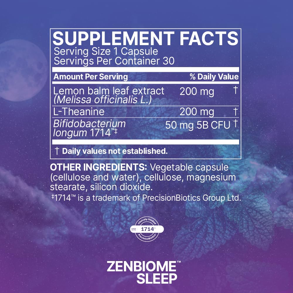 Microbiome Labs Zenbiome Sleep - L Theanine Supplement with Lemon Balm Extract & Probiotics with Bifidobacterium Longum - Help Soothe The Gut-Brain Axis at Bedtime (30 Capsules)