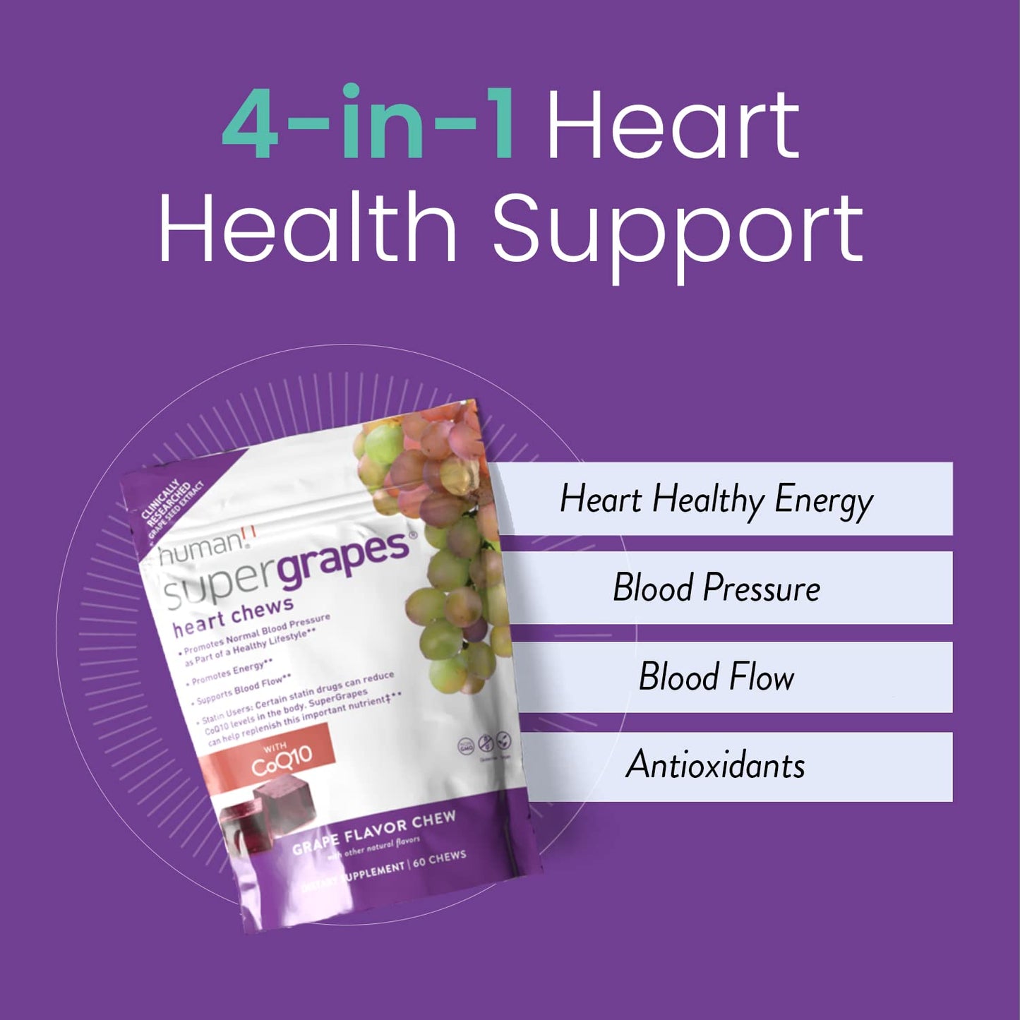 humanN SuperGrapes Chews Supplement – with 100mg CoQ10 and Grape Seed Extract – from The Makers of SuperBeets - Grape Flavor Chew, 60 Count