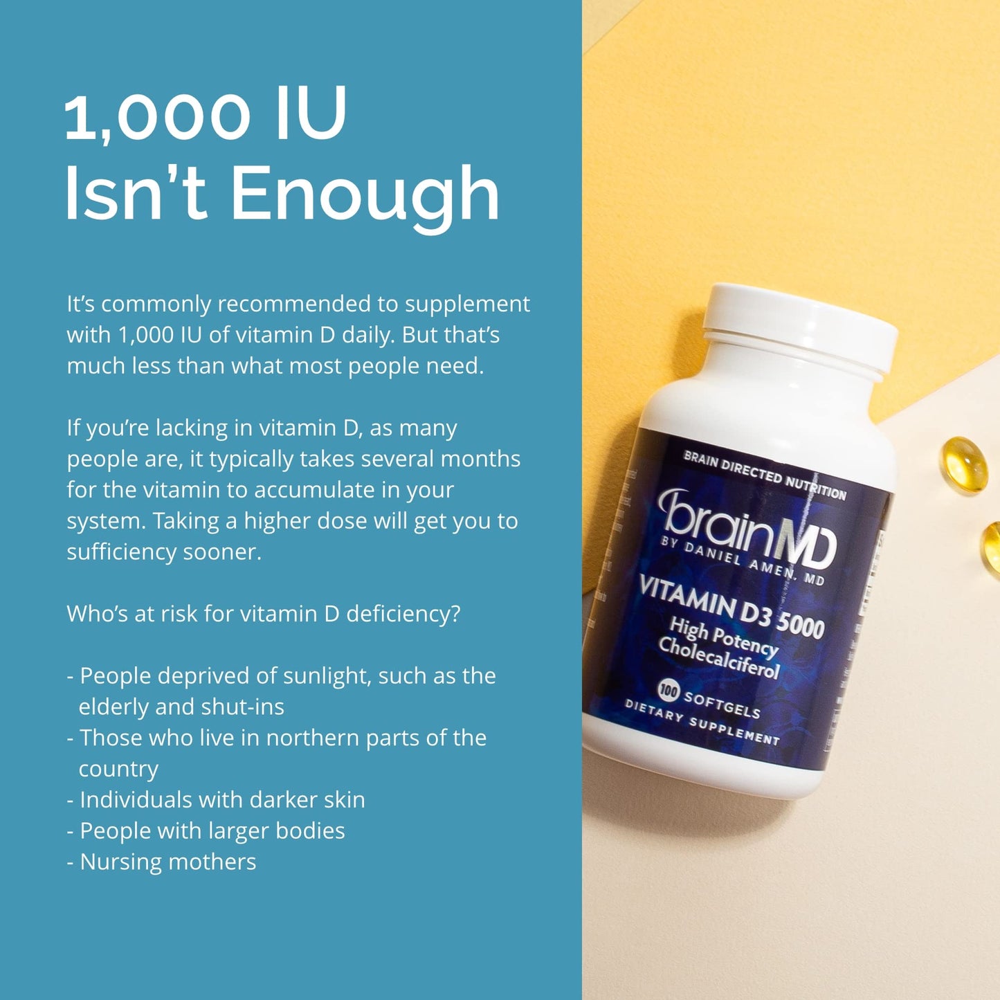 BrainMD by Dr Amen Vitamin D3 5000 - 100 Softgels - High Potency Cholecalciferol - Gluten Free - 100 Servings