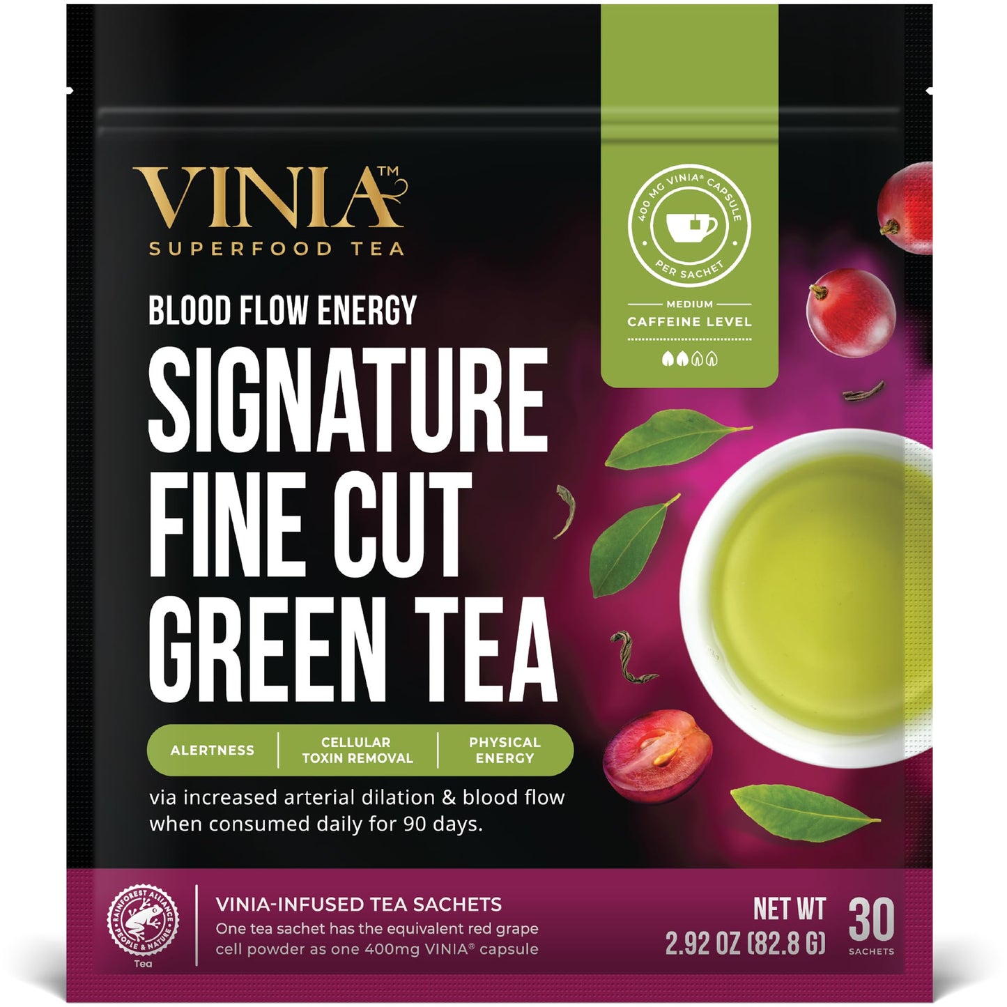 VINIA Signature Green Tea Bags, Made with Organic Green Tea, Infused with Piceid Resveratrol for Heart Health, Nitric Oxide, Physical Energy, Alertness, Blood Flow, Keto, Kosher, Non-GMO. (30)