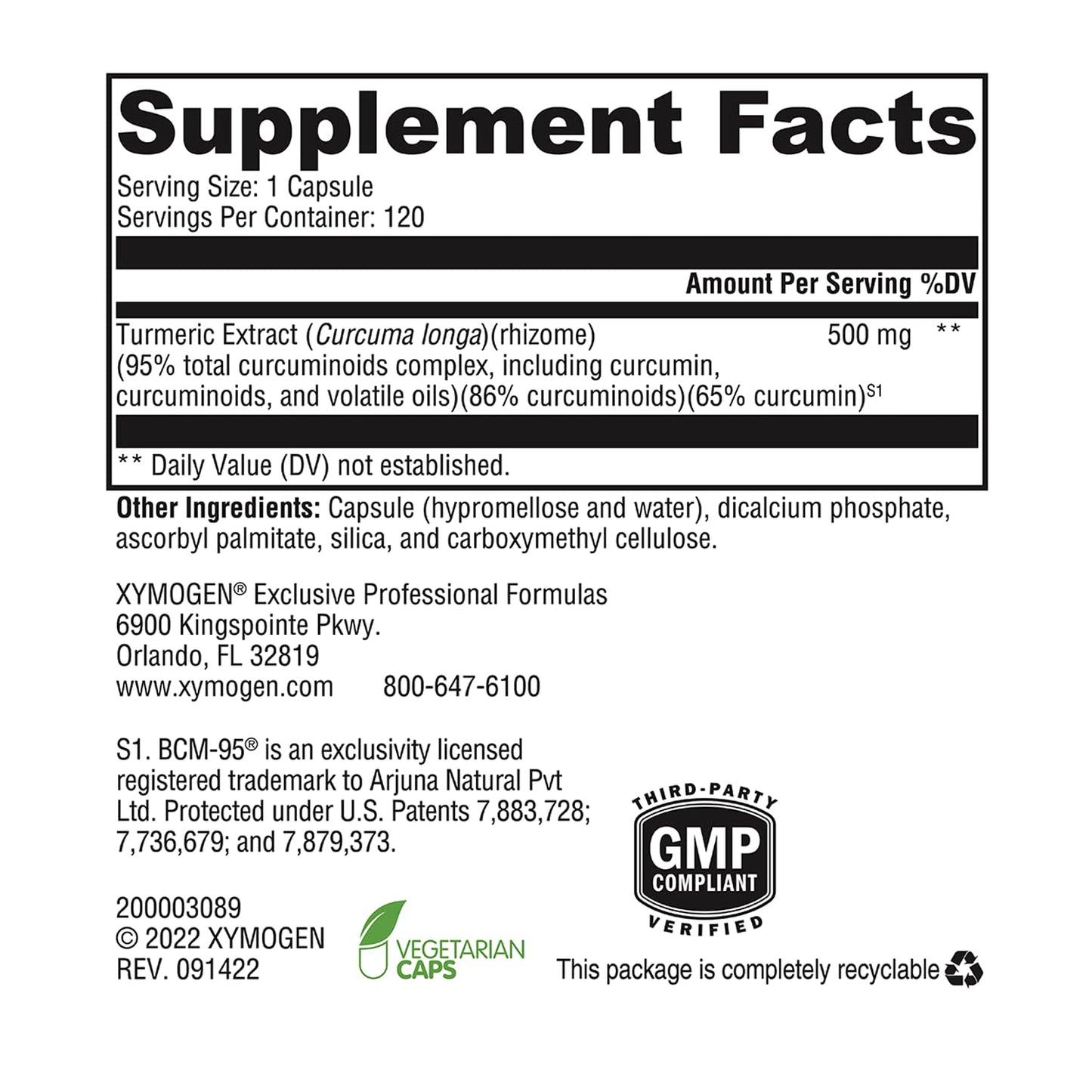 XYMOGEN CurcuPlex-95 - Turmeric Curcumin Supplements with Enhanced Bioavailability - Daily Brain Support Supplement (120 Vegan Turmeric Capsules)