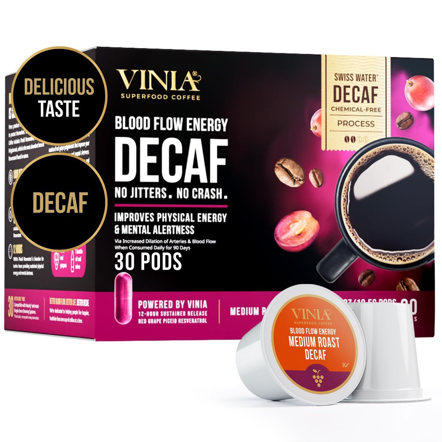 VINIA Blood Flow DECAF Coffee - Medium Roast Superfood Coffee Pods, Swiss Water Process Powered by Red Grape Piceid Resveratrol Boost Energy Keurig Compatible K-Cup Coffee Pods, Caffeine Free, 30 Ct