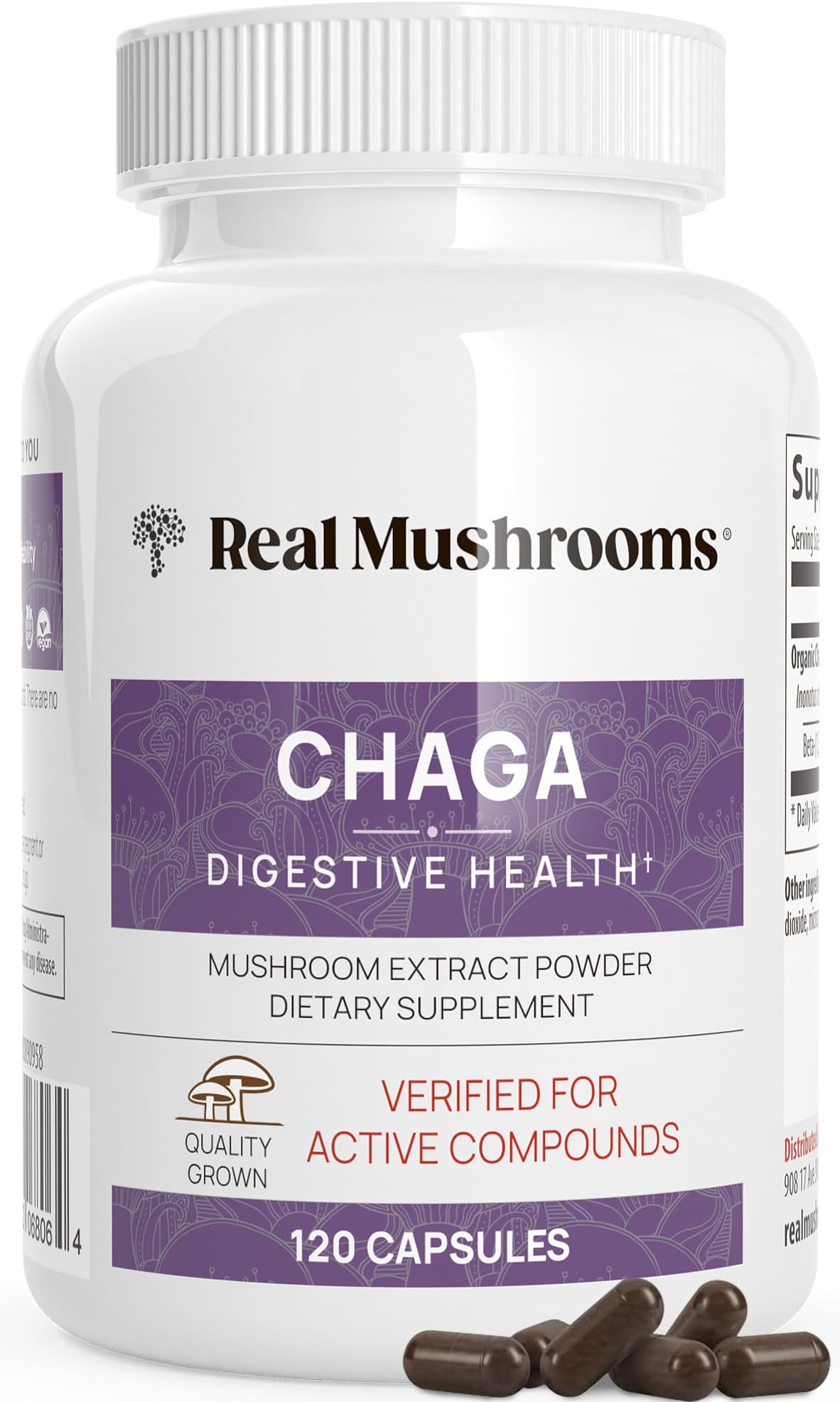 Real Mushrooms Chaga Capsules - Organic Mushroom Supplement with Extract Powder for Digestion, Energy, Immune Support Vegan Extract, Non-GMO, 120 Caps