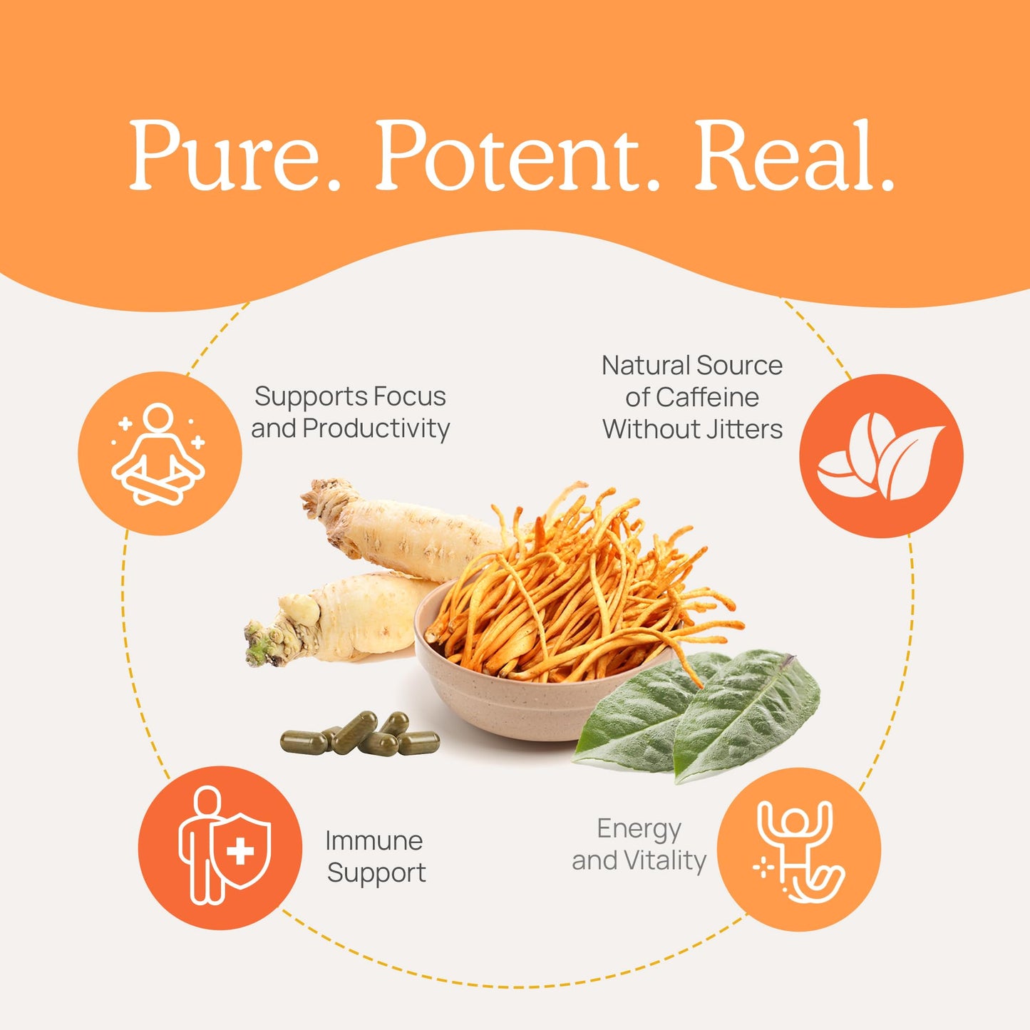 Real Mushrooms RealBoost Capsules - Mushroom Supplement Blend with Cordyceps Mushroom, Panax Ginseng Extract Guayusa Energy, Immune Defense, Mood Support Vegan, 60 Caps