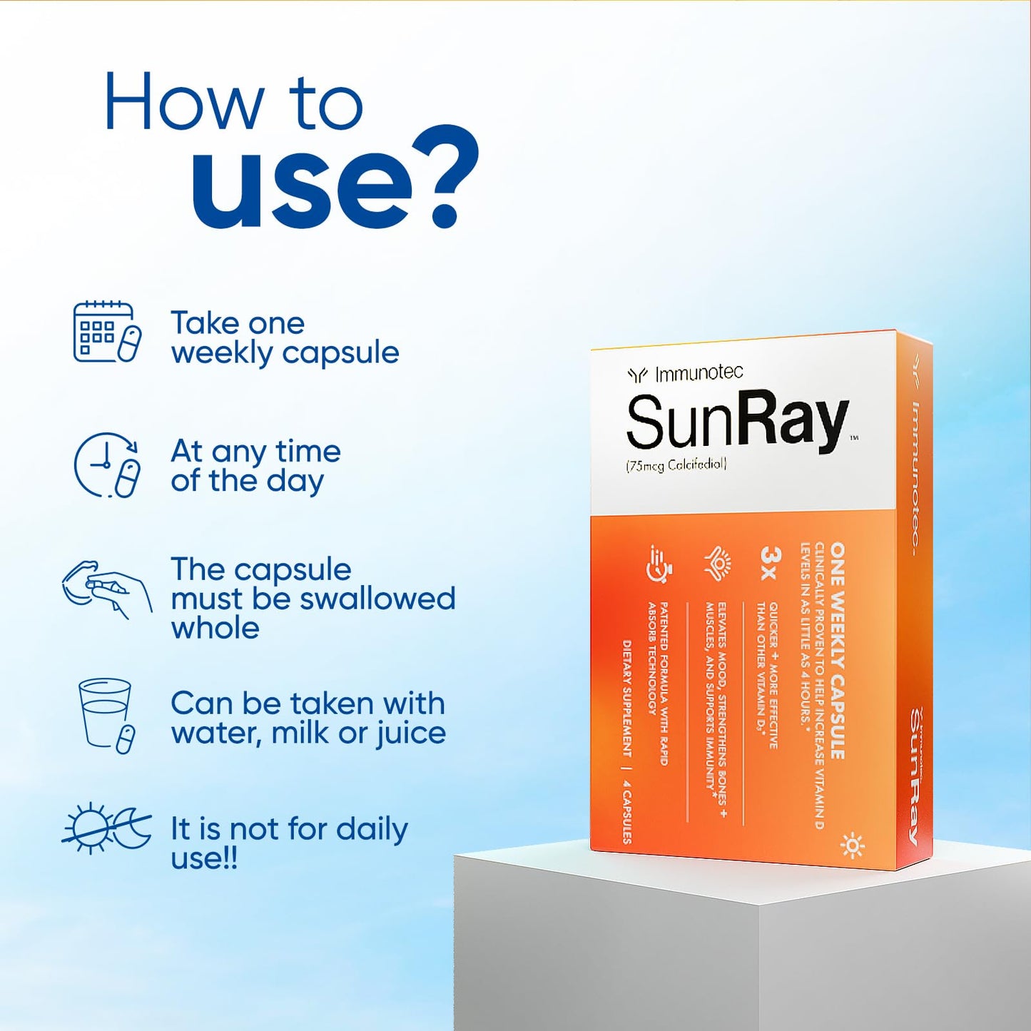 Immunotec Sunray - Vitamin D3 - Calcifediol 75 mcg - Once a Week dose