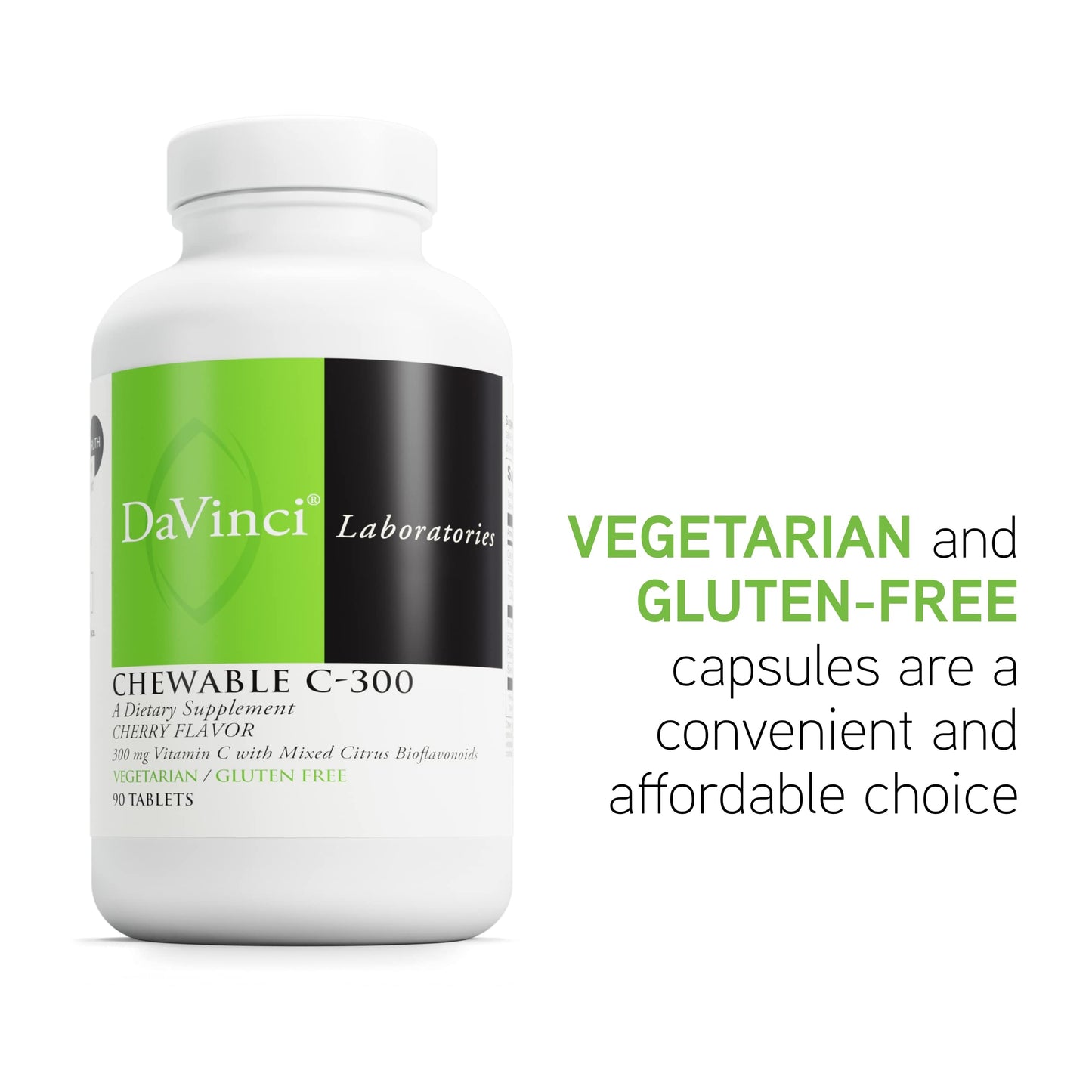 DaVinci Labs Chewable C-300 - Vitamin C Supplement to Support Immune Health, Cholesterol and Collagen Production - With Vitamin C, Pectin and More - Gluten-Free - Cherry Flavor - 90 Vegetarian Tablets