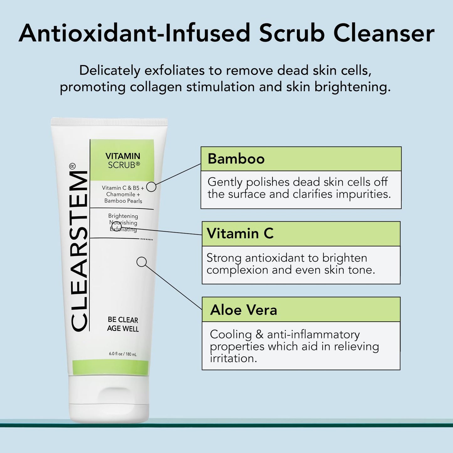 CLEARSTEM - VITAMINSCRUB - Antioxidant-Infused Scrub Cleanser - Exfoliating Face Wash + Body Scrub - Vitamin C, Hemp, Bamboo - Skin Care Products - Vegan, Gluten Free, Cruelty Free - 6 fl oz / 177ml
