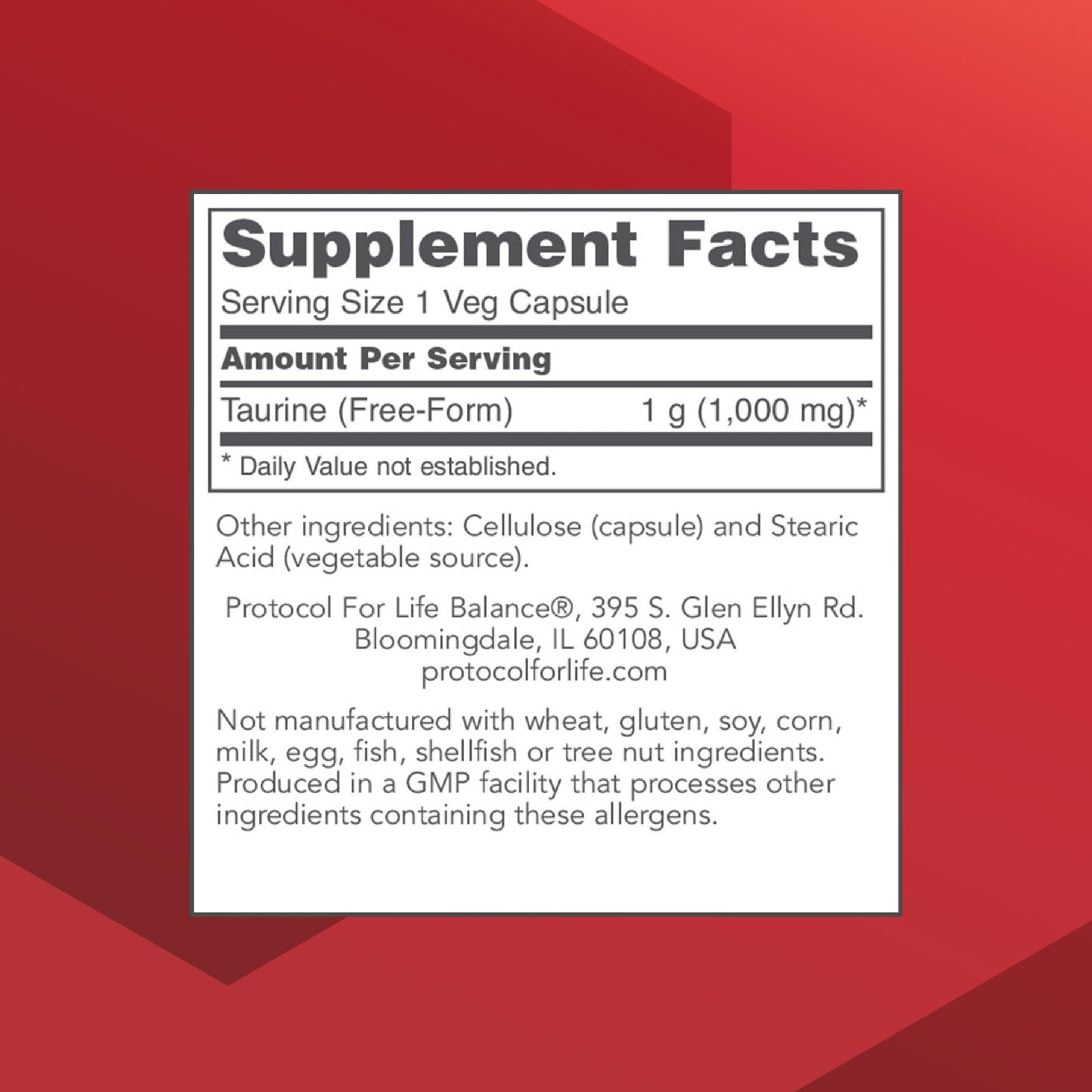 PROTOCOL FOR LIFE BALANCE Taurine 1,000mg - Amino Acid Like - Muscle, Heart, Brain, and Eye Health - 100 Veg Caps