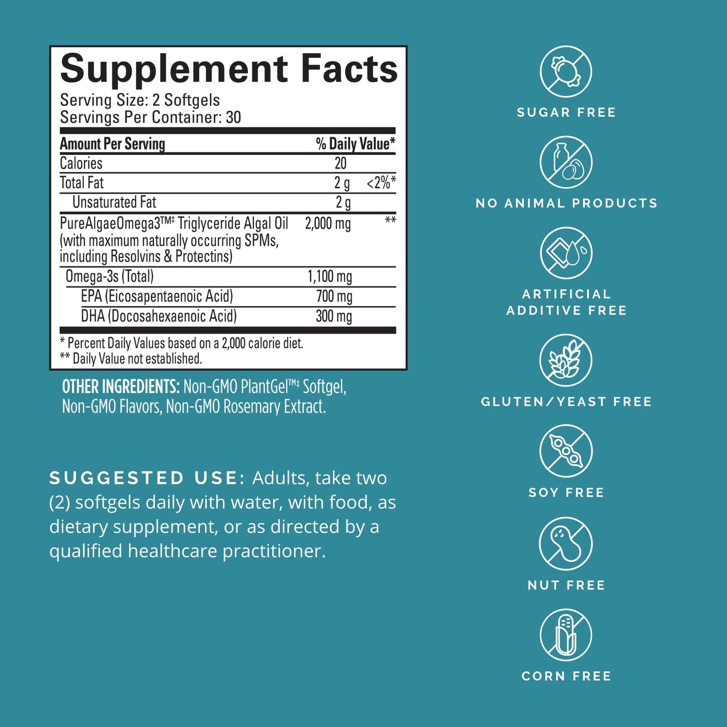 BRAINMD Dr Amen Vegan Omega-3 Power - 60 Plant-Based Softgels - 1,100 mg of EPA & DHA - Supports Focus, Memory & Heart Health - Vegan, Gluten Free & Non-GMO - 30 Servings
