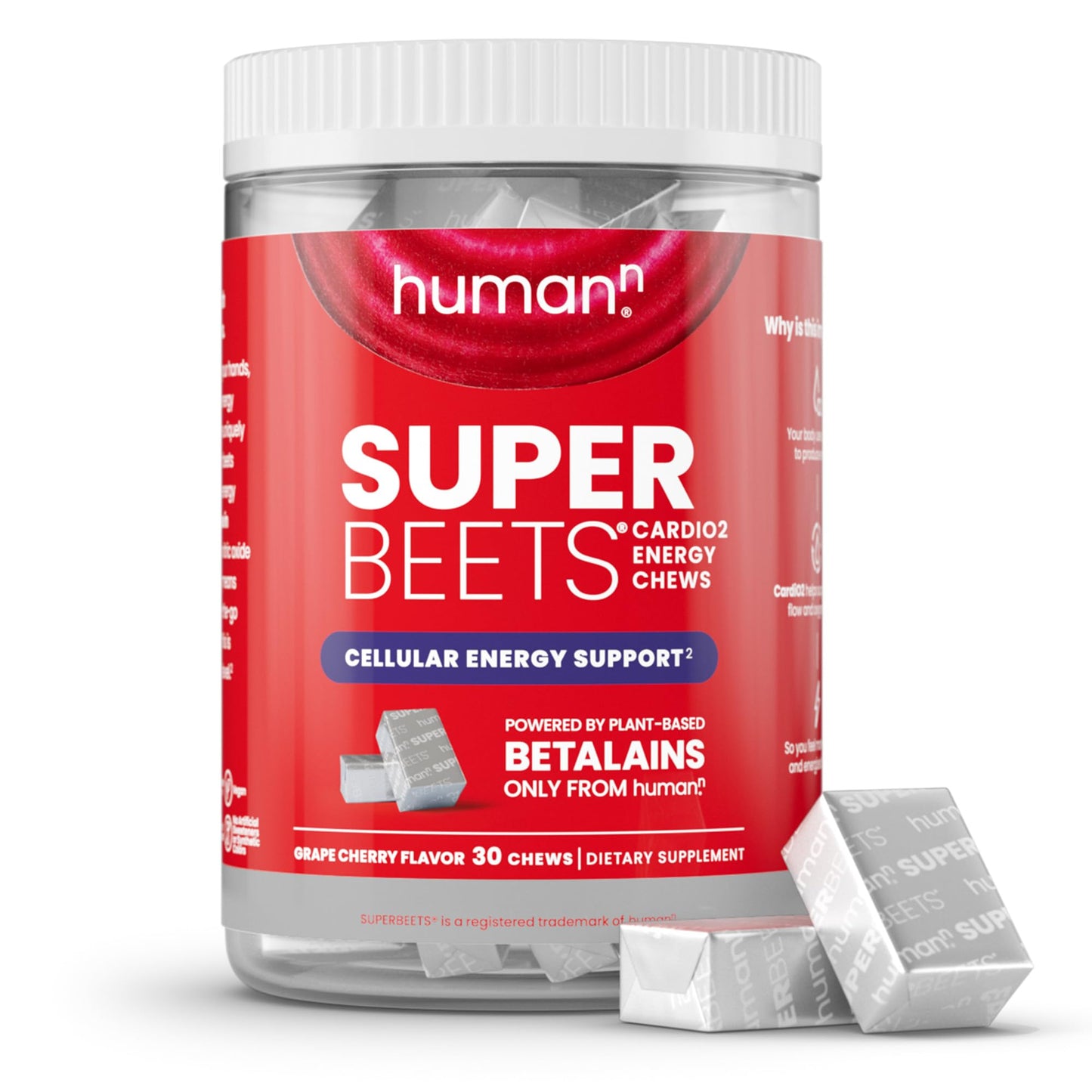 HumanN SuperBeets CardiO2 Beet Energy Chews - Betalains Compound to Support Heart Health & Blood Flow - Plant Based - No Caffeine or Stimulants - Grape Cherry Flavor - 30 Servings