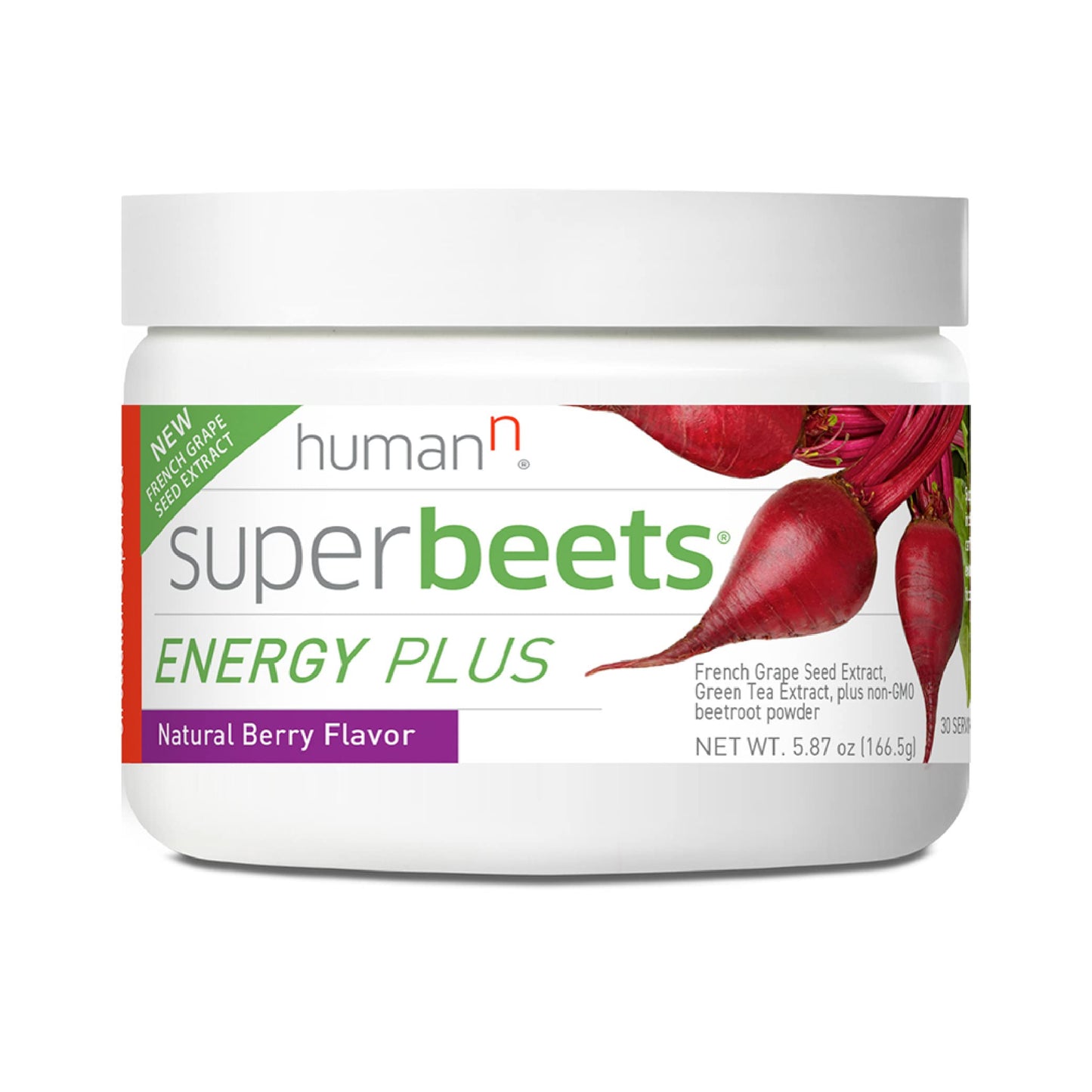 HumanN SuperBeets Energy Plus with Grape Seed Extract - Beet Root Powder, Green Tea Extract, Caffeine, Vitamin C - Non-GMO - 5.87oz
