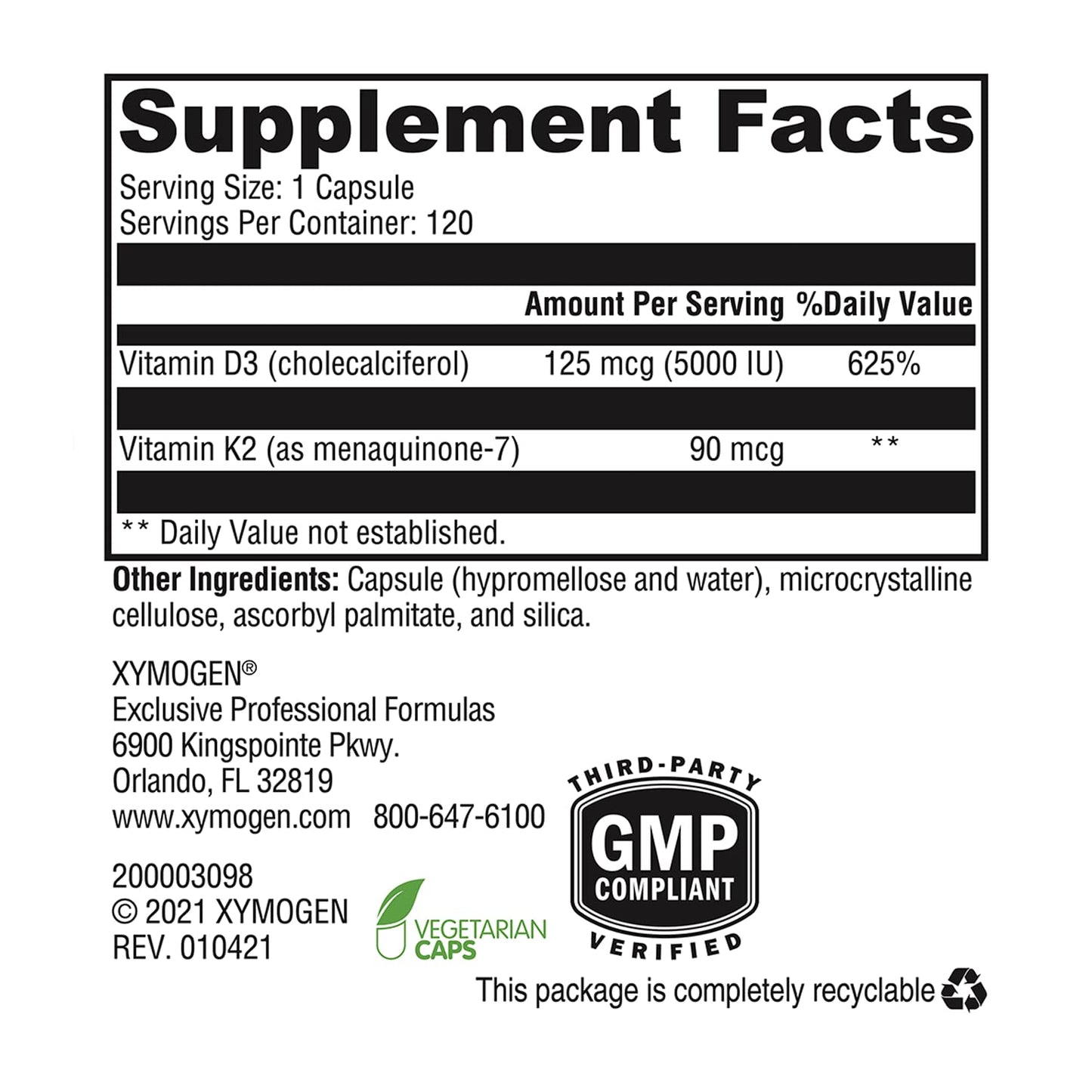 XYMOGEN K2-D3 5000 - Vitamin D3 K2 - Bioavailable Vitamin D 5000 IU (Cholecalciferol) with MK-7 - Heart, Arterial, Bone Health + Immune Support Supplement (120 Capsules)