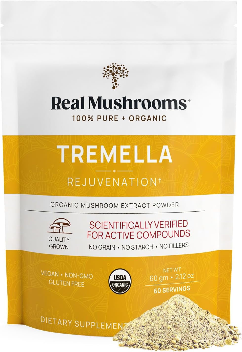 Real Mushrooms Tremella Mushroom Extract Powder 60 Servings Blend for Immune Support, Brain, and Skin - Vegan, Non-GMO, Organic Supplements Humans Support Supplement