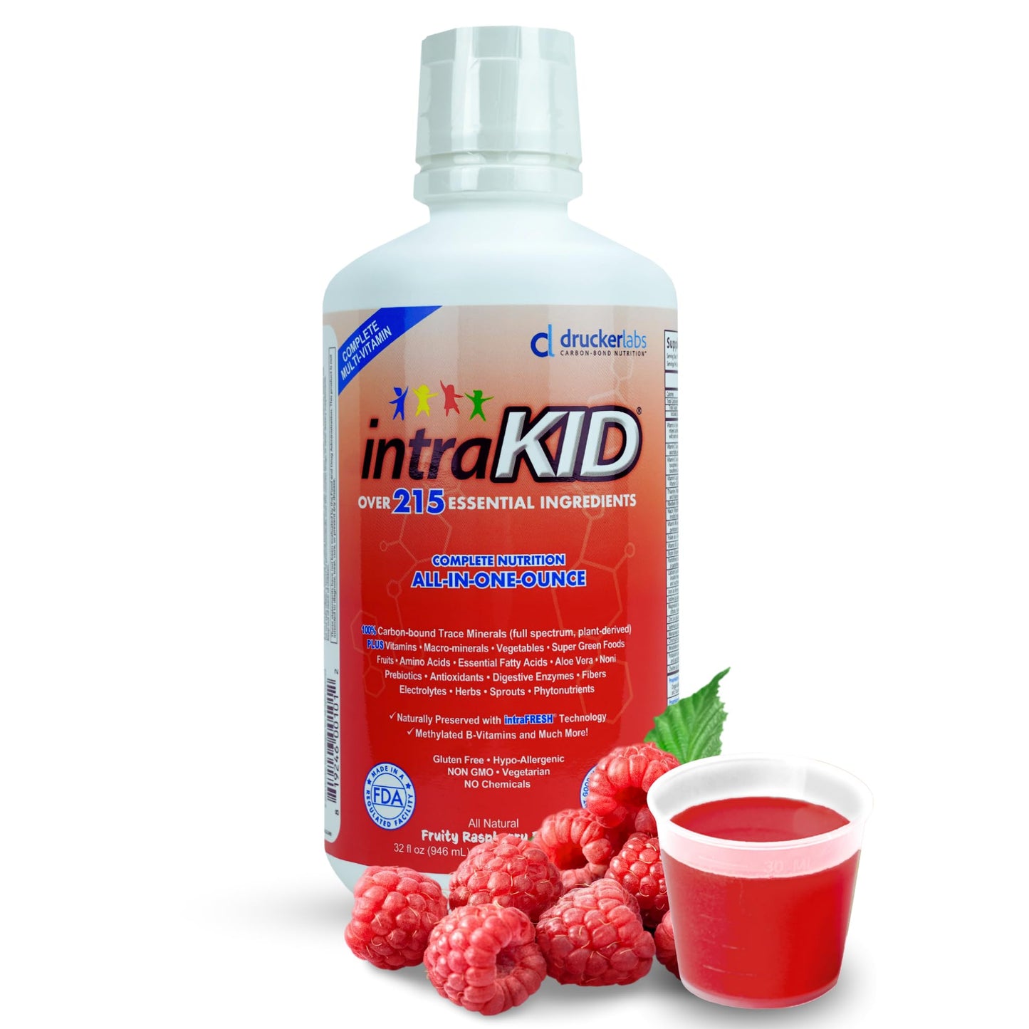 intraKID DRUCKER Labs 2.0 Organic Liquid Trace Minerals, Liquid Multivitamin for Kids, Immune Support, Non GMO, Dairy Free, Gluten Free, Magnesium, Vitamin D, C, E, Zinc, (32 oz., Fruity Raspberry)
