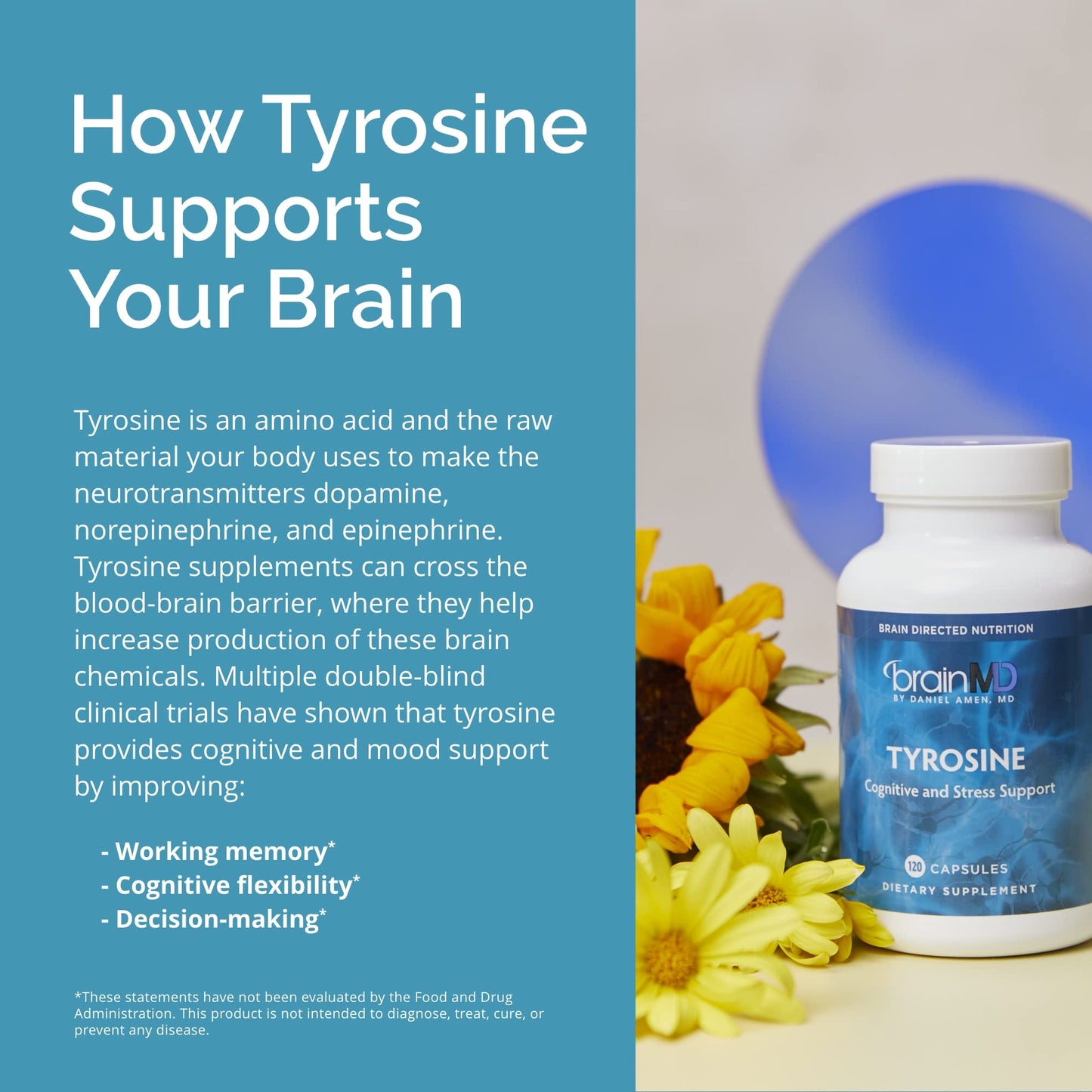 Dr Amen BrainMD Tyrosine - 120 Capsules - Promotes Mental Focus, Clarity & Alertness - Gluten Free - 60 Servings