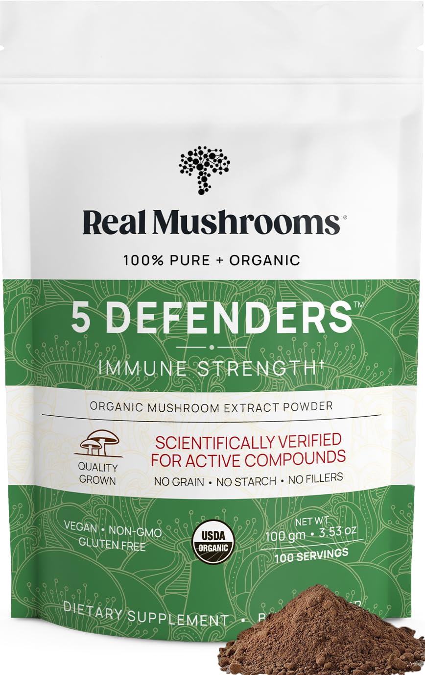 Real Mushrooms 5 Defenders Powder - Organic Mushroom Extract w/Chaga, Shiitake, Maitake, Turkey Tail, & Reishi - Mushroom Supplement for Brain, Focus, & Immune Support - Vegan, Non-GMO, 100 Servings