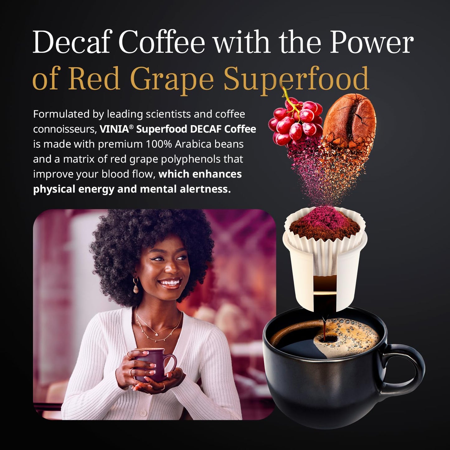 VINIA Blood Flow DECAF Coffee - Medium Roast Superfood Coffee Pods, Swiss Water Process Powered by Red Grape Piceid Resveratrol Boost Energy Keurig Compatible K-Cup Coffee Pods, Caffeine Free, 30 Ct