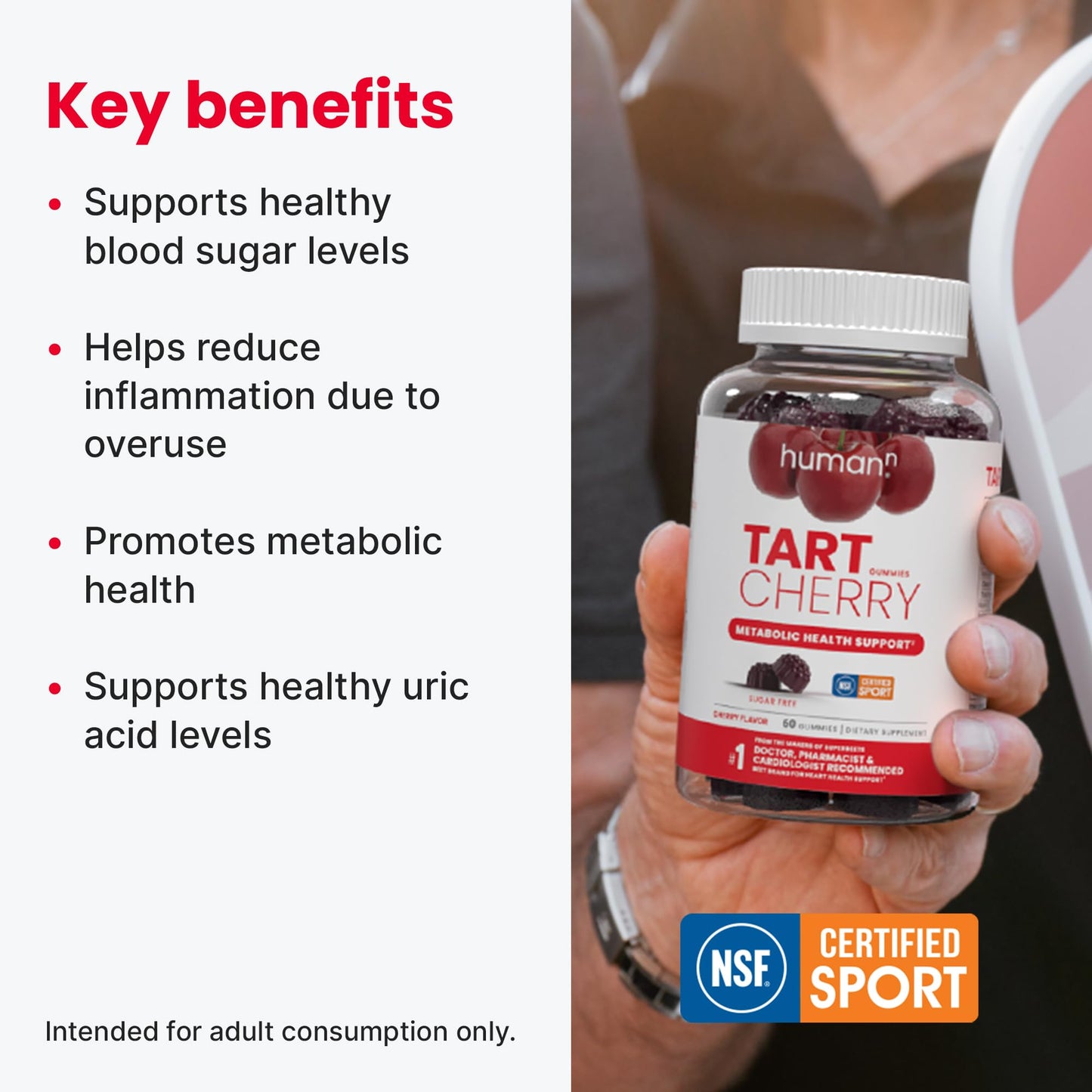 HumanN Tart Cherry Gummies - Uric Acid, Immunity, Inflammation & Metabolic Health Support – NSF Certified Sport, Powerful Antioxidant & Non-GMO - from Maker of SuperBeets - 60 Sugar-Free Vegan Gummy