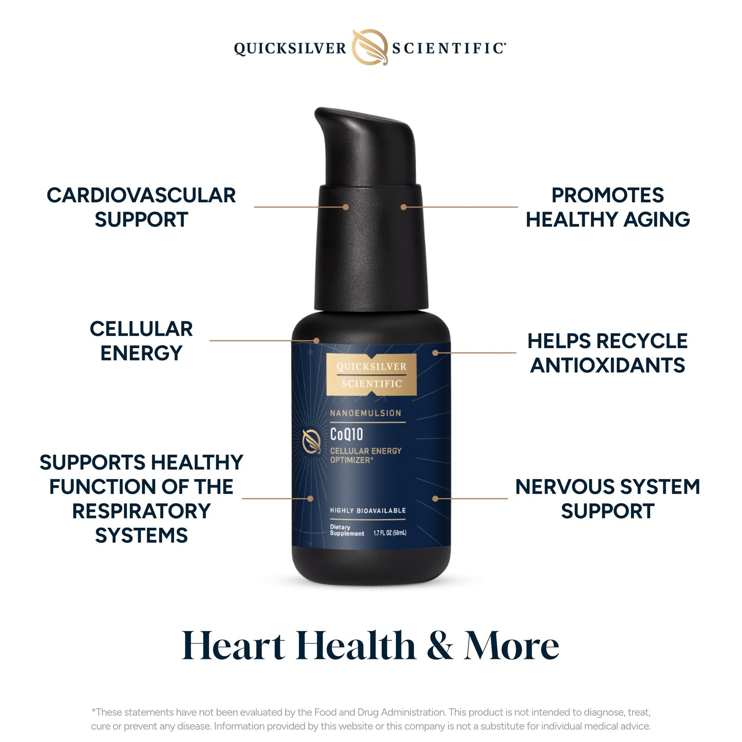 Quicksilver Scientific CoQ10 Nanoemulsion - Liposomal Coenzyme Q10 Cardiovascular Support & Cellular Energy Supplement - Fast Absorbing Liquid CoQ10 (1.7oz / 50ml)