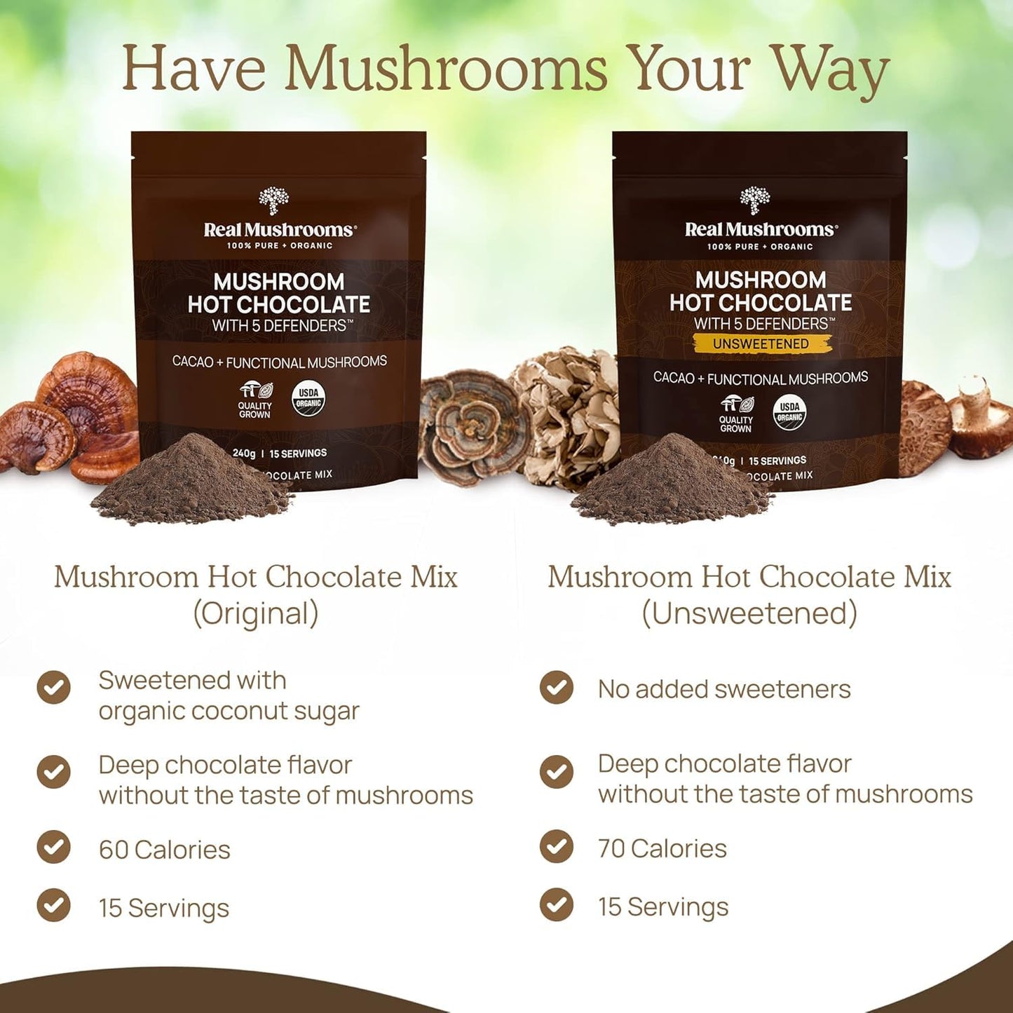 Real Mushrooms Unsweetened Organic Hot Chocolate Mix with 5 Defenders Turkey Tail, Chaga, Maitake, Shiitake, Reishi Mushroom - Cacao Powder Vegan Supplement, 15 Servings