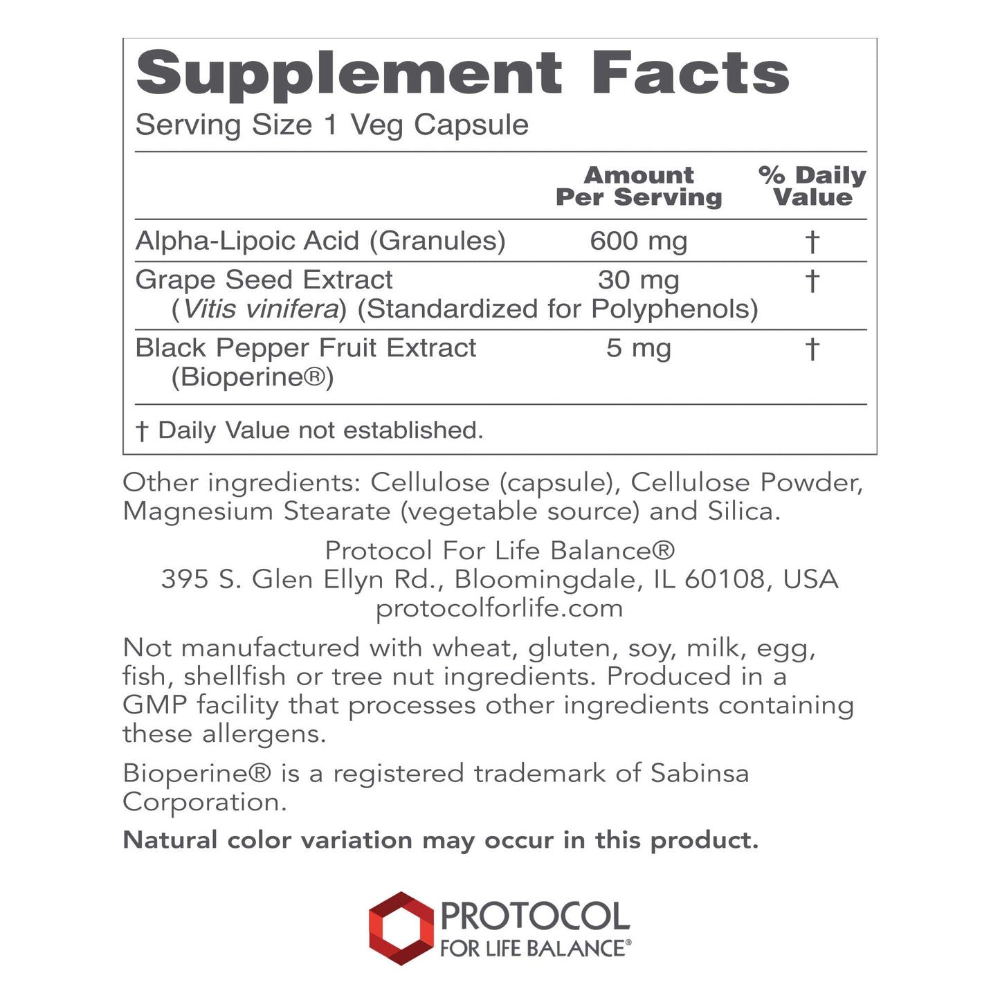 Protocol Alpha Lipoic Acid 600mg - Grape Seed Extract and Bioperine - 60 Veg Caps