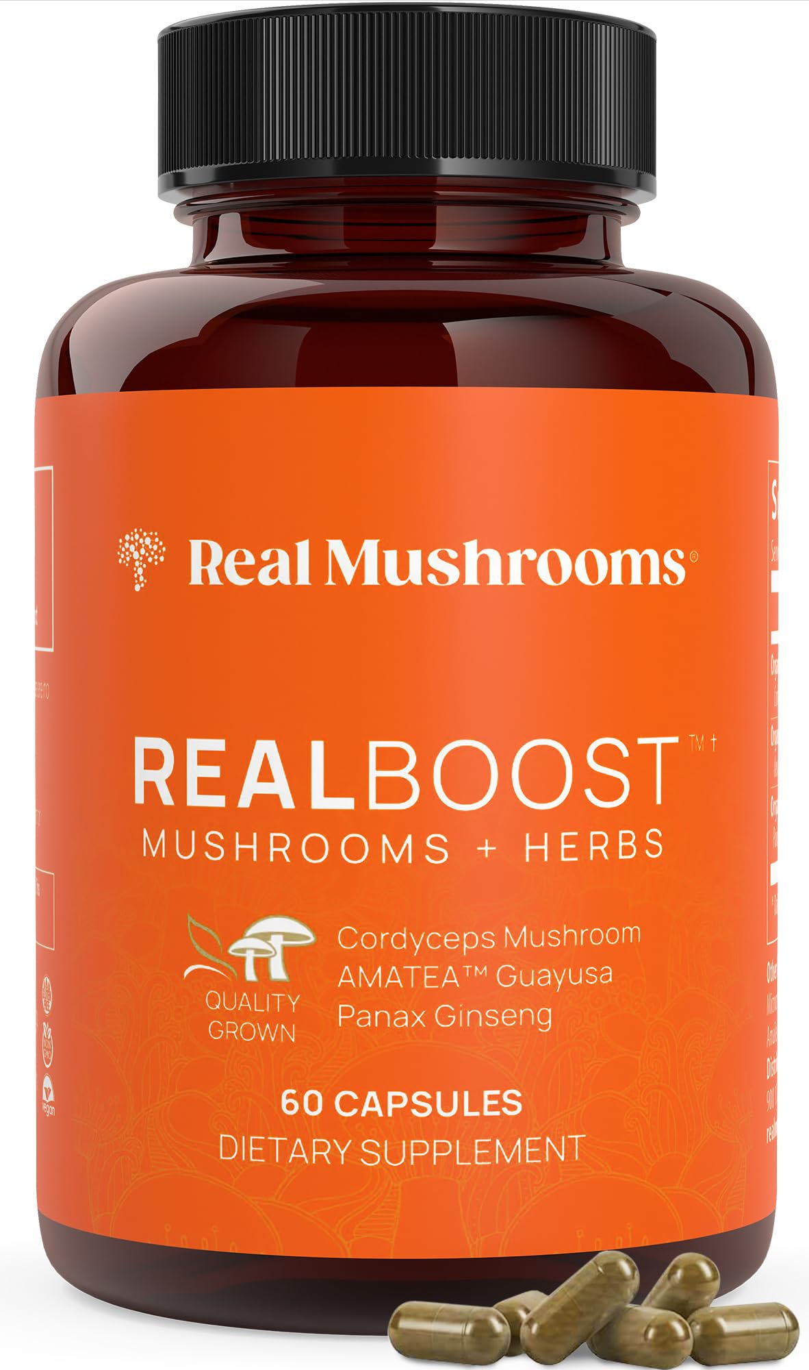 Real Mushrooms RealBoost Capsules - Mushroom Supplement Blend with Cordyceps Mushroom, Panax Ginseng Extract Guayusa Energy, Immune Defense, Mood Support Vegan, 60 Caps